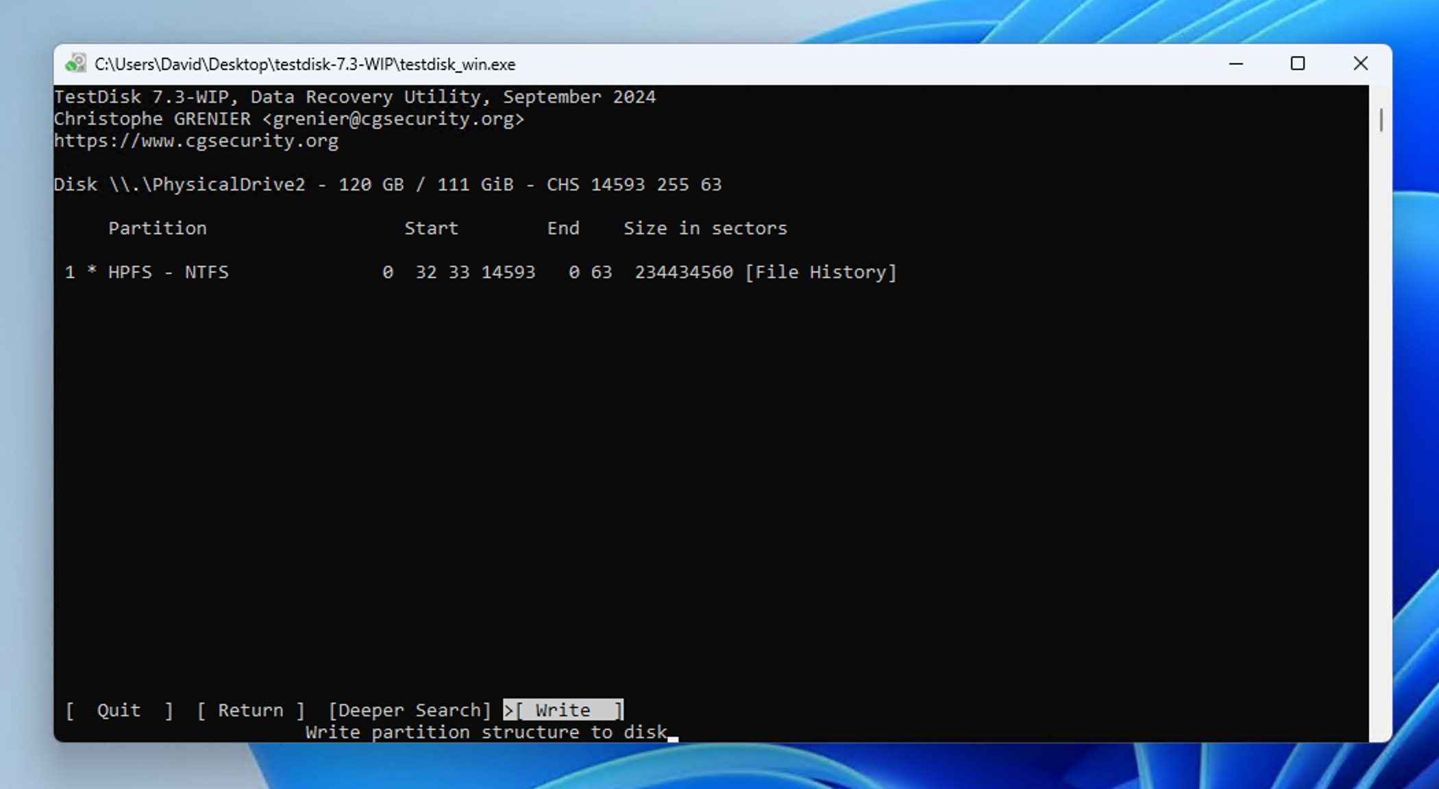 testdisk write partition