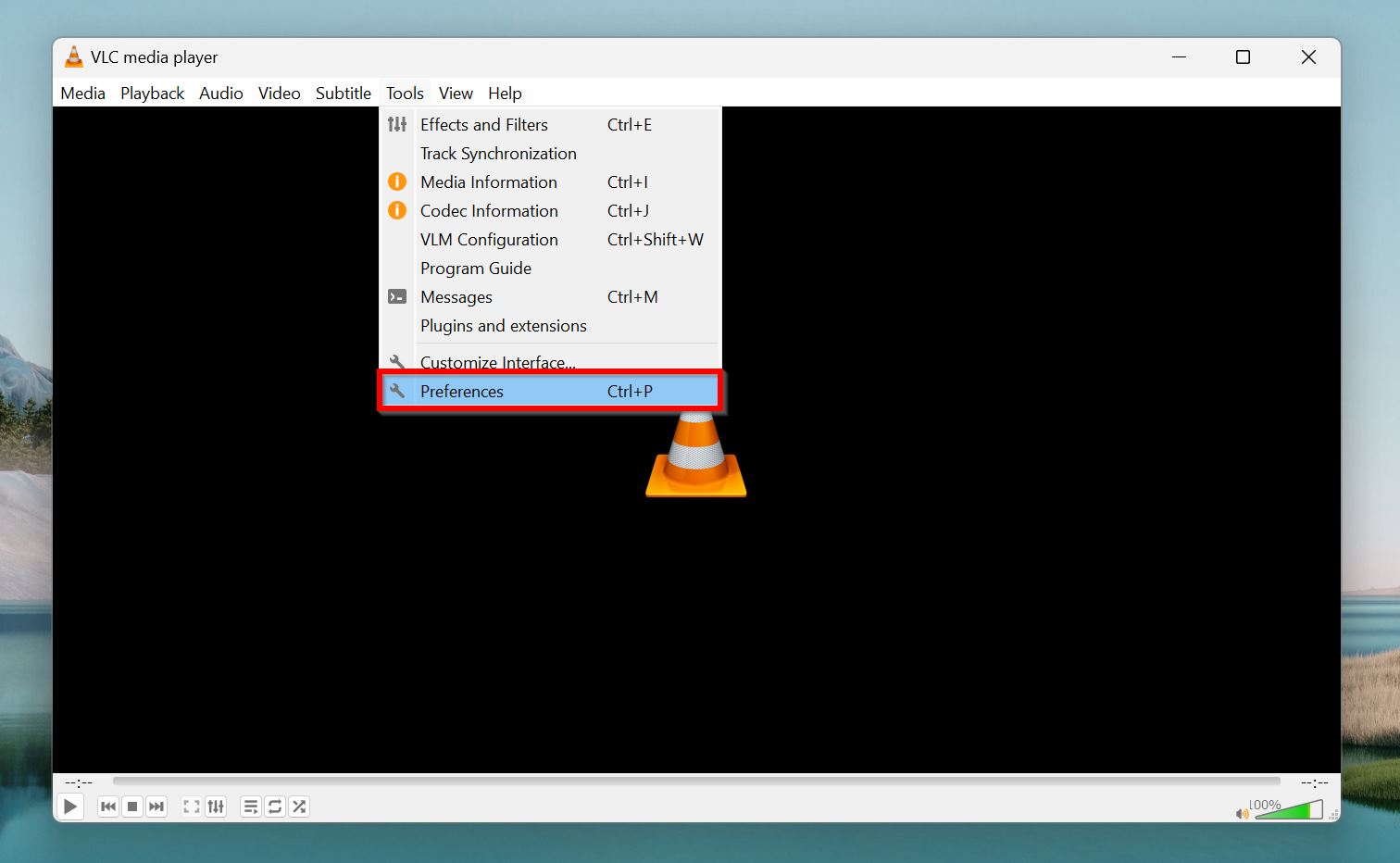 Preferences option in VLC.