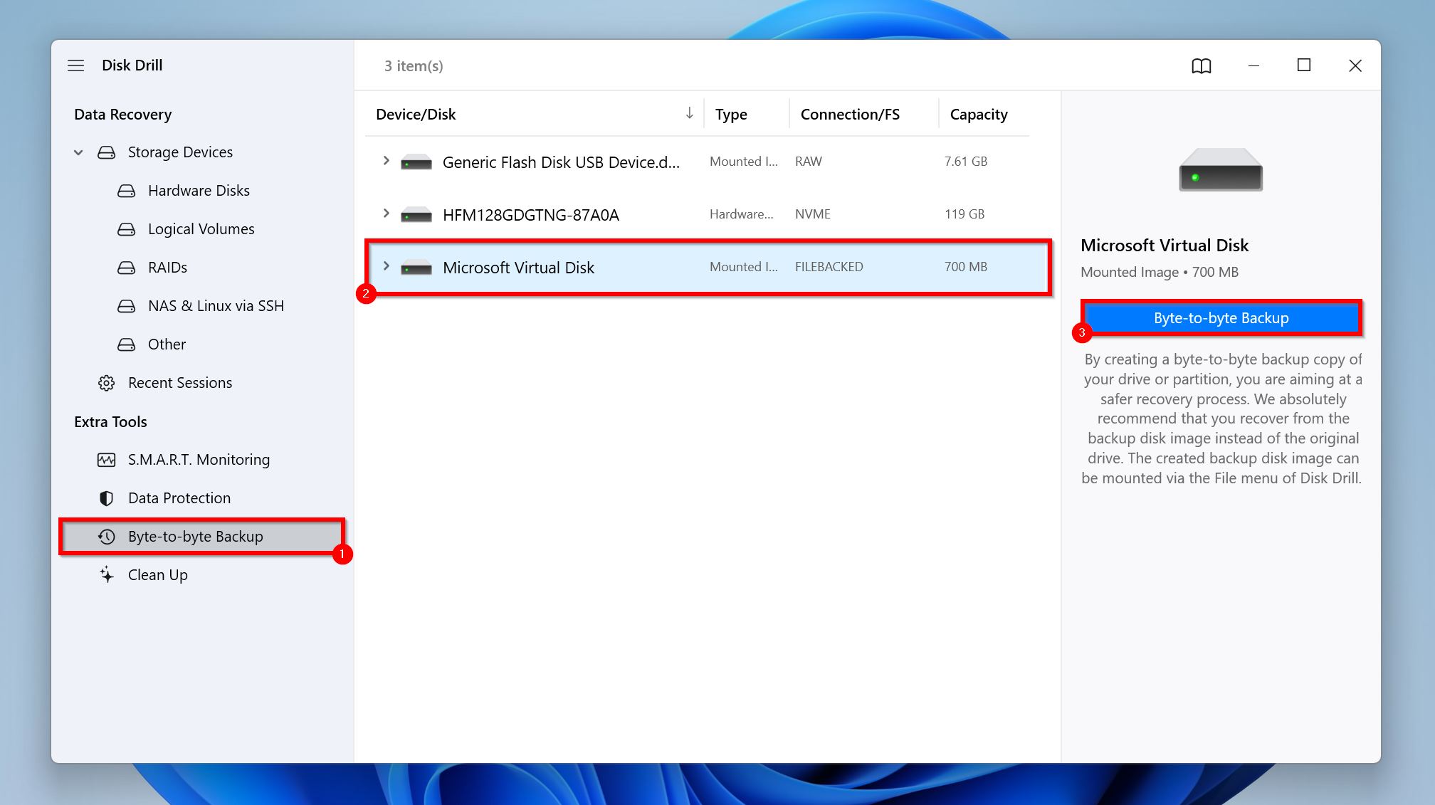 Byte-to-byte Backup screen in Disk Drill.