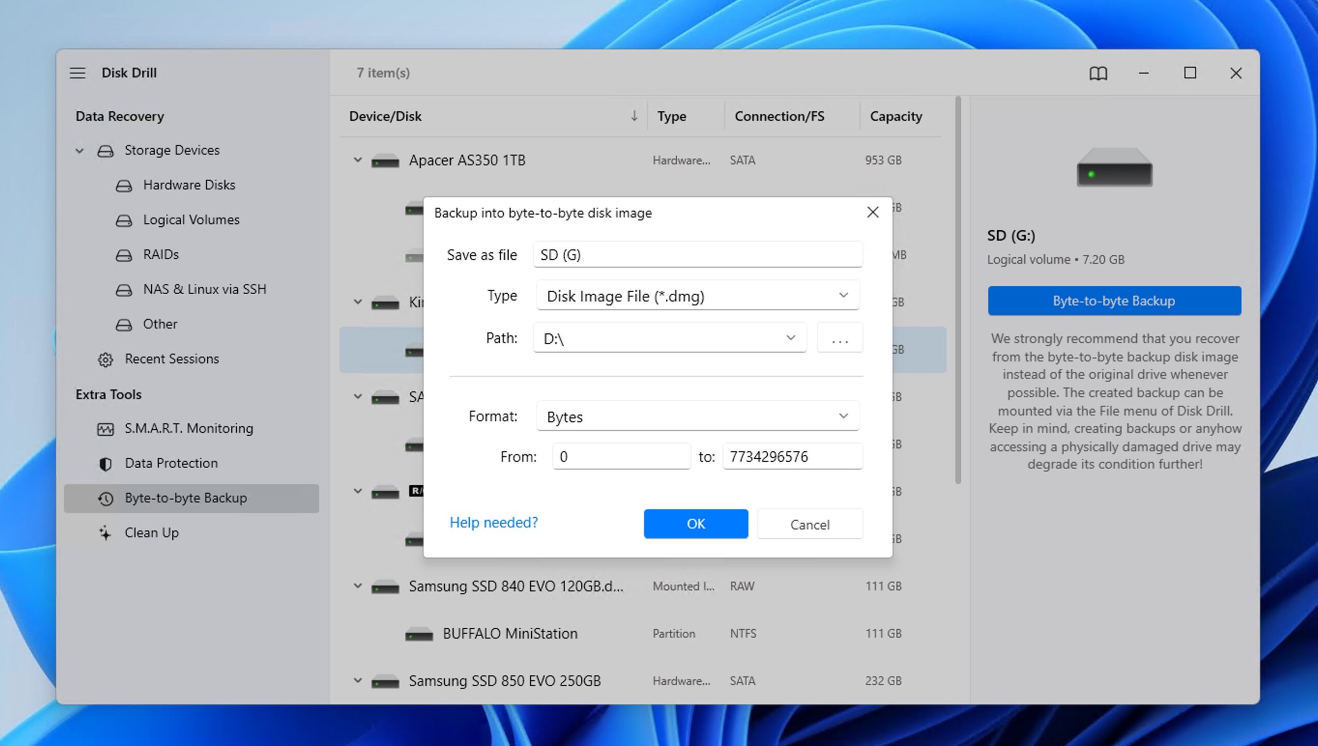 disk drill byte to byte backup destination