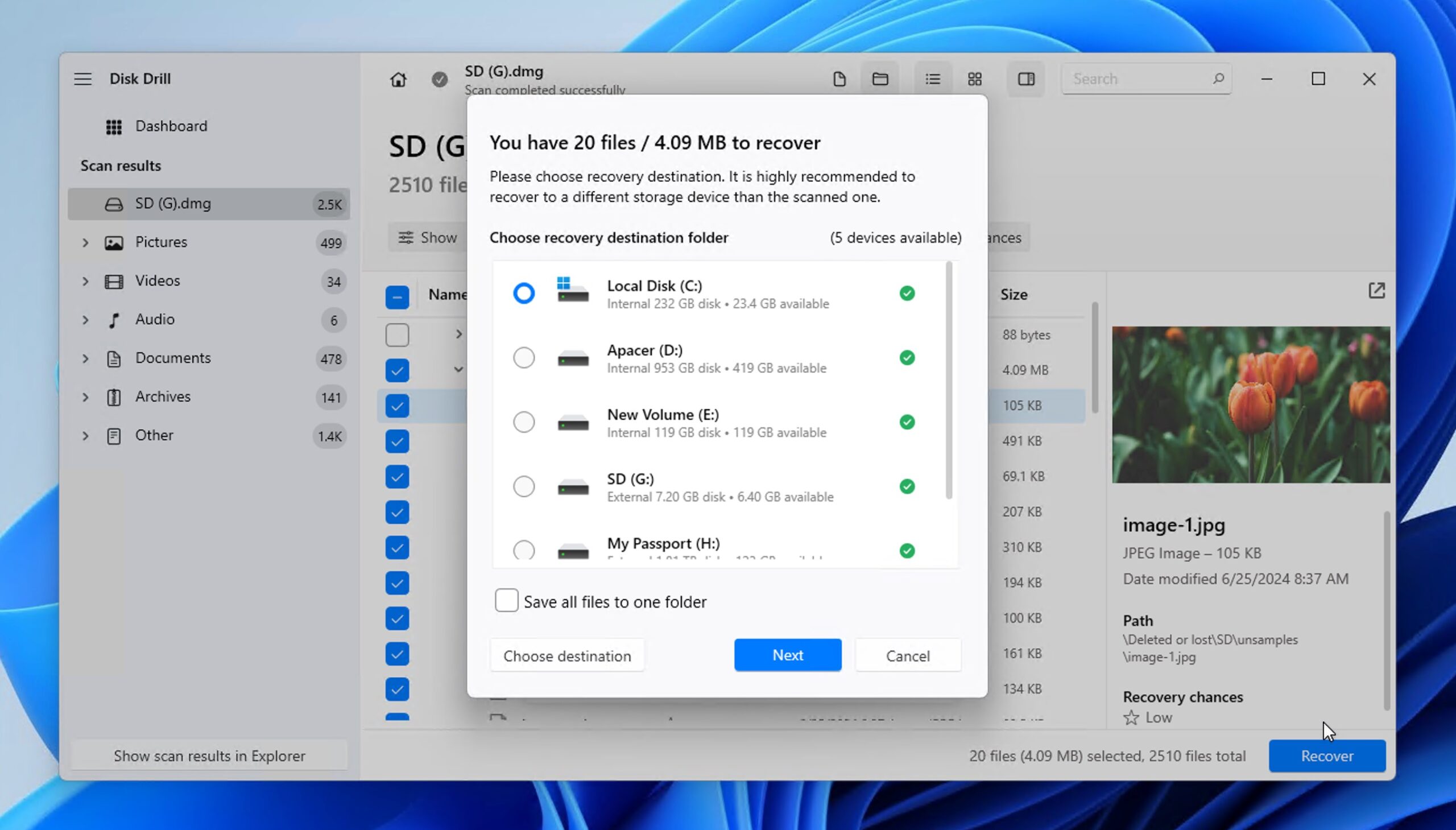 disk drill sd card destination selected