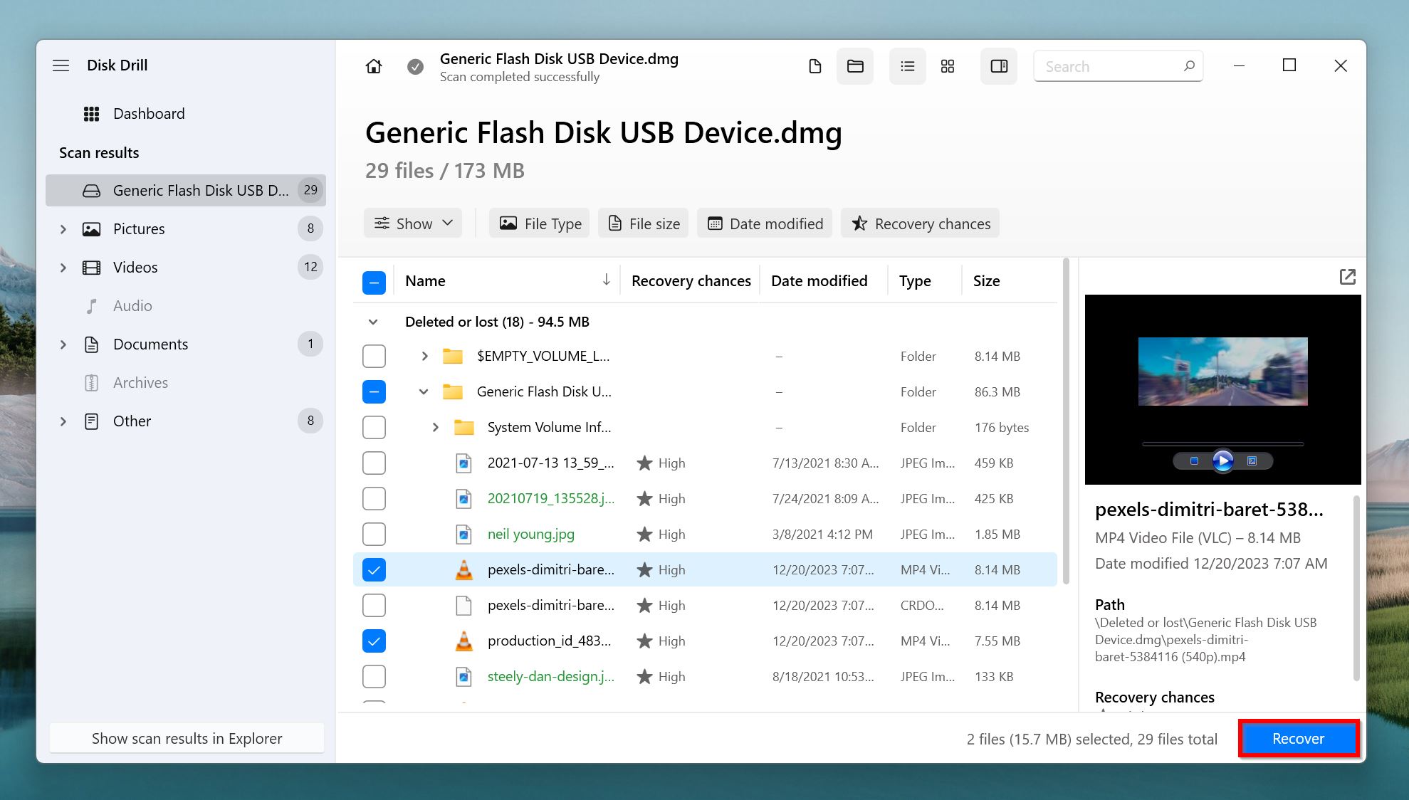 List of recoverable files in Disk Drill.