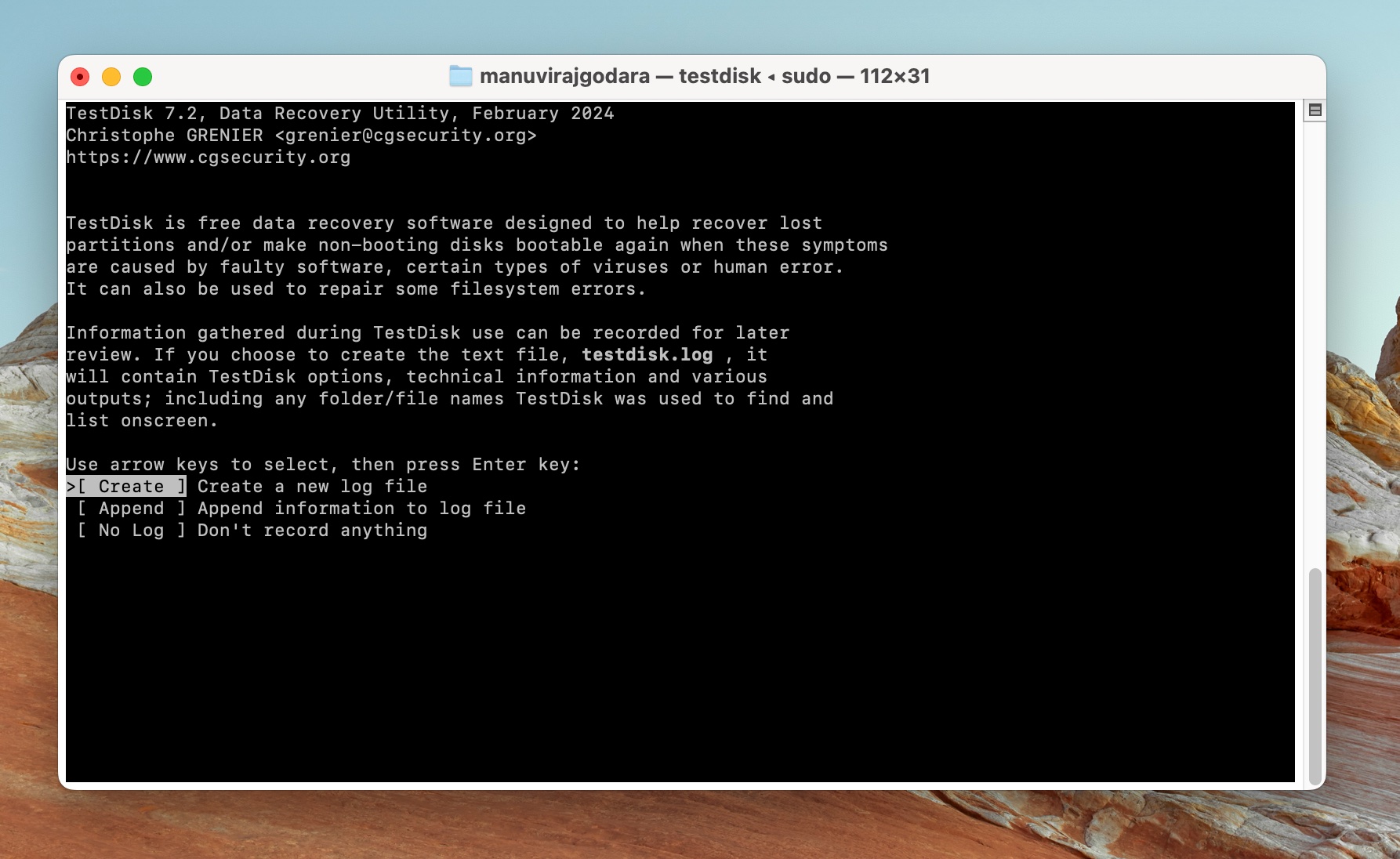 Log file creation screen in TestDisk.