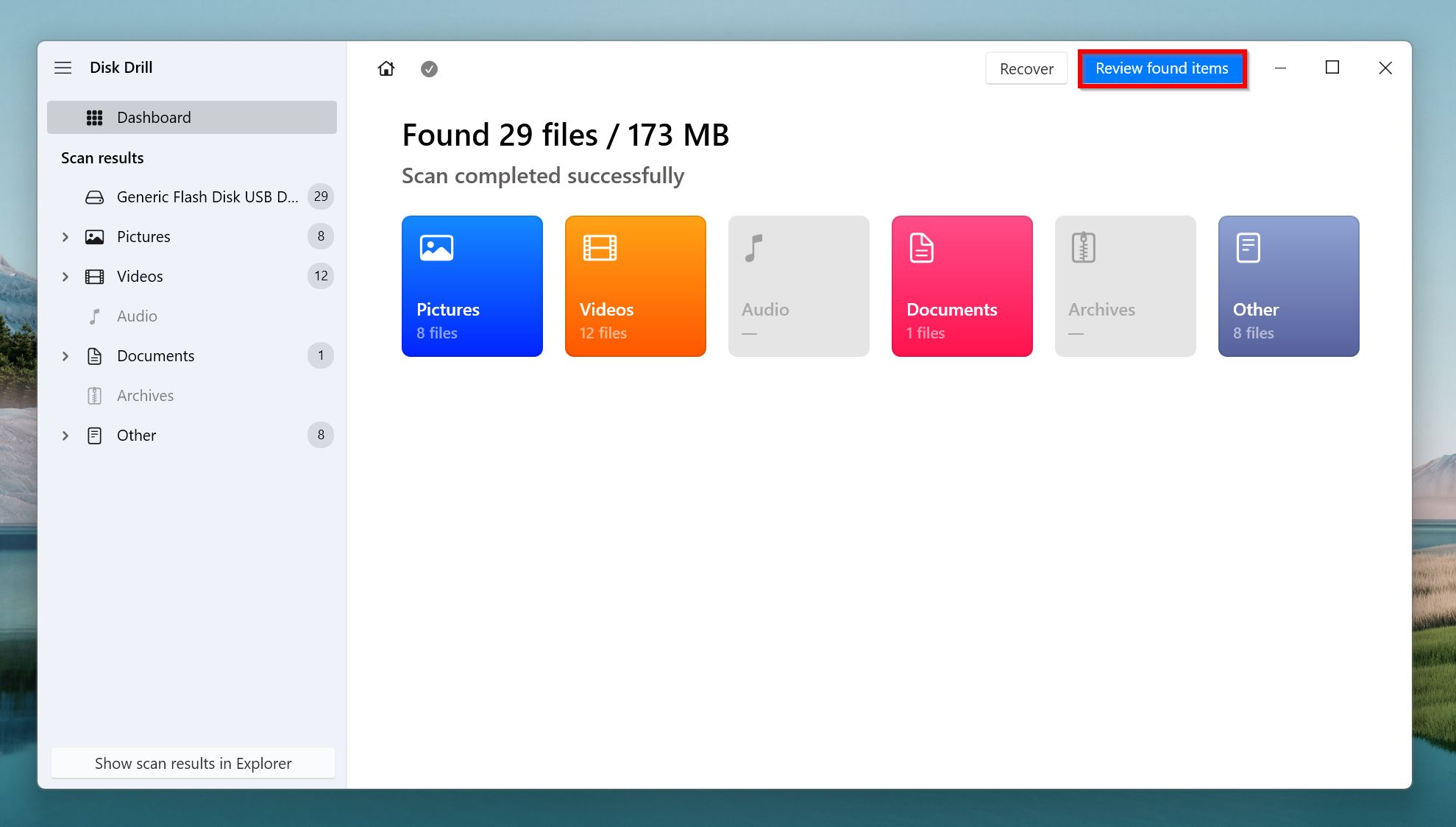 Review found items screen on Disk Drill.