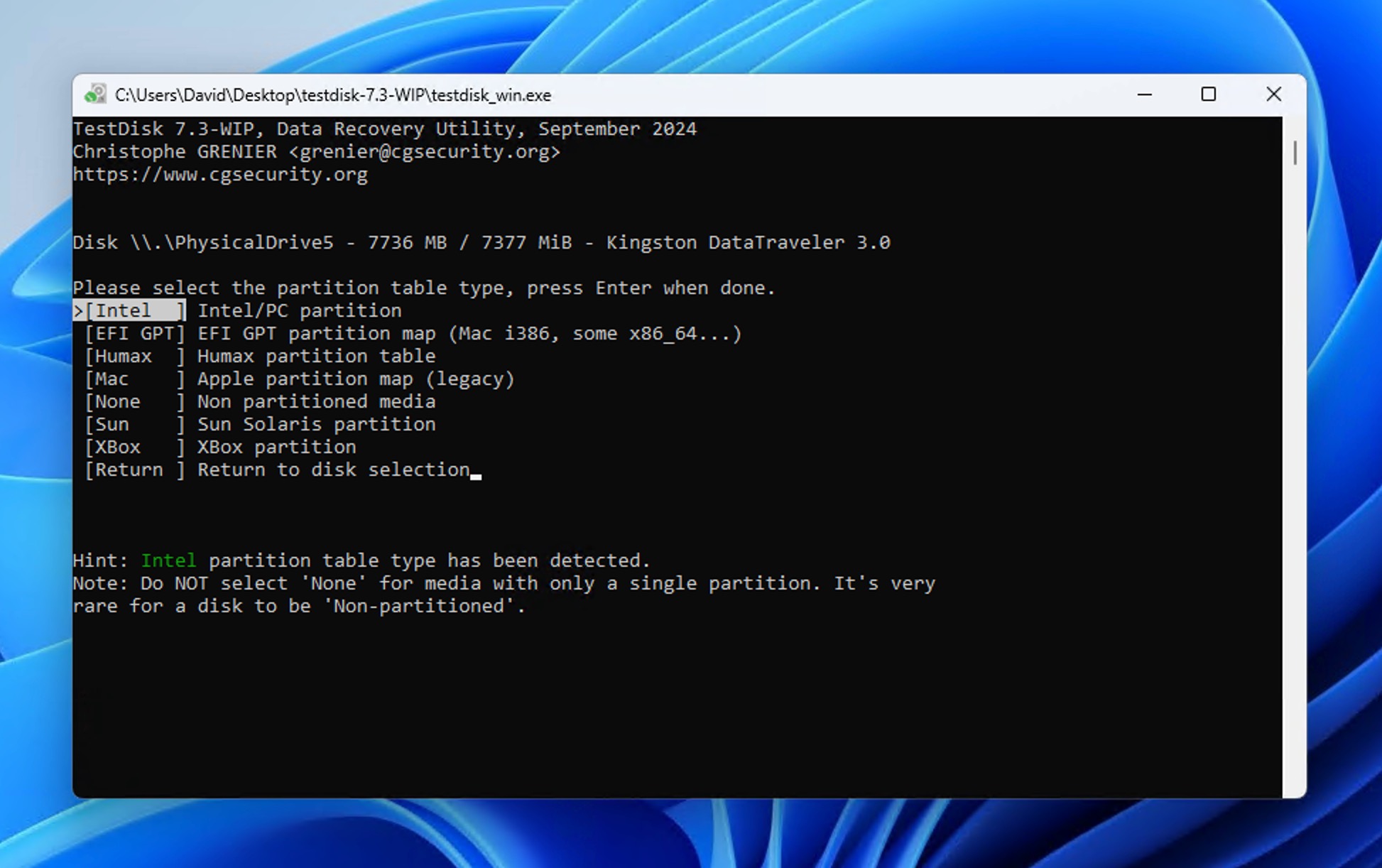 testdisk sd card partition table