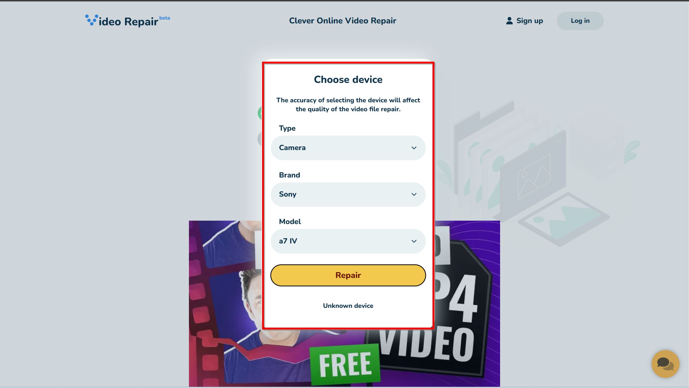 Select Sony camera model in Clever Online Video Repair.