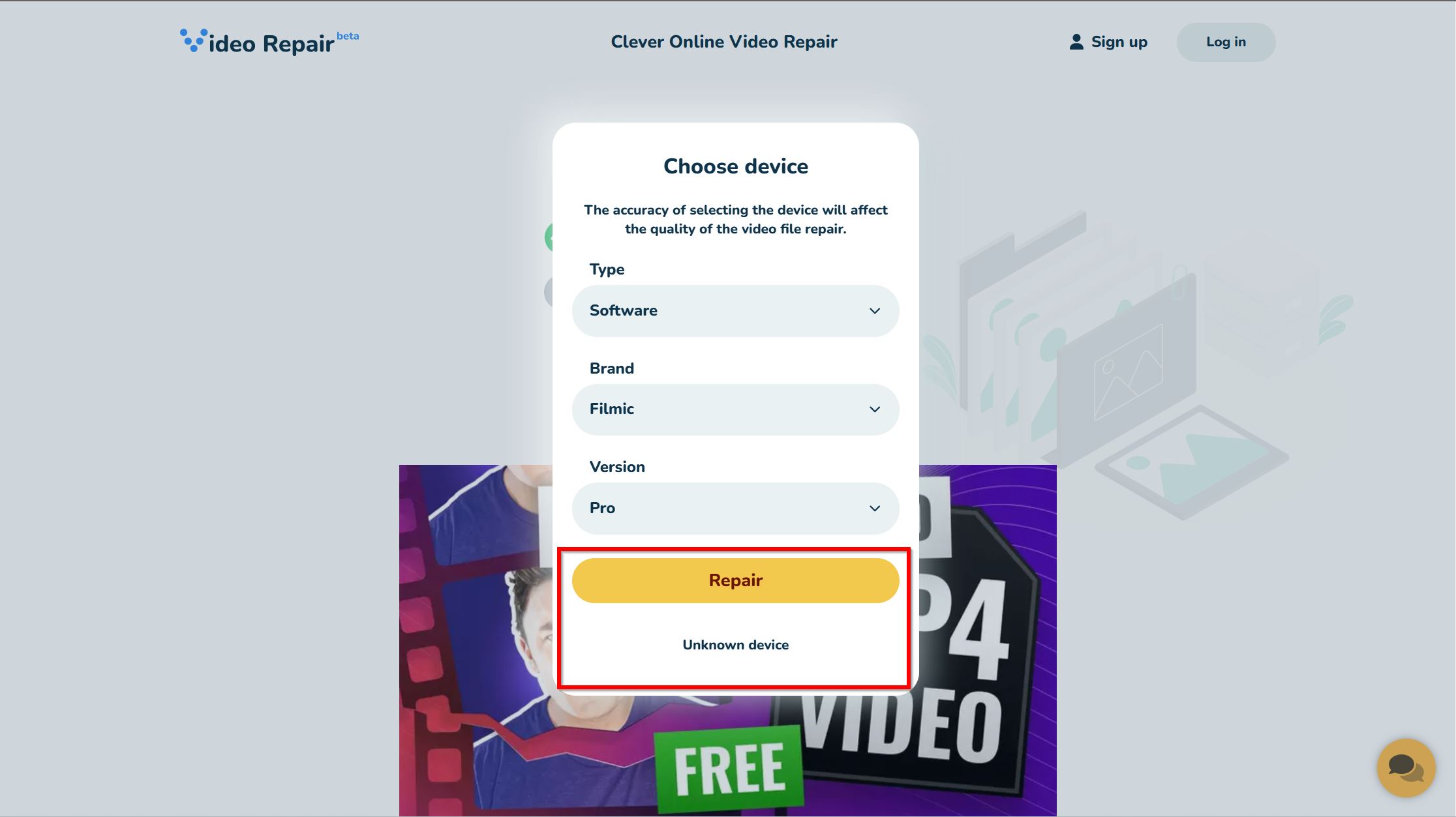 Device type selection window in Clever Online Video Repair.