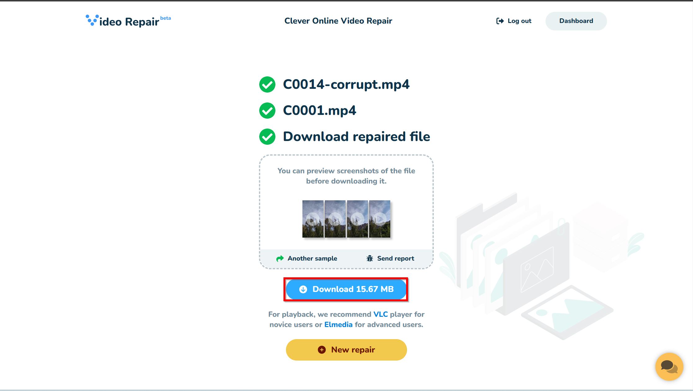 Download repaired video file in Clever Online Video Repair.