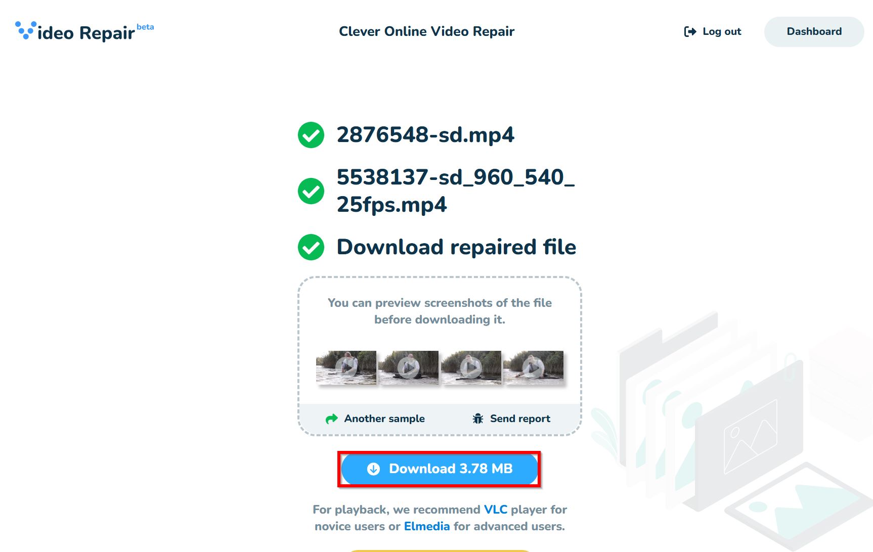 Download repaired video option in Choose corrupt video option in Clever Online Video Repair.