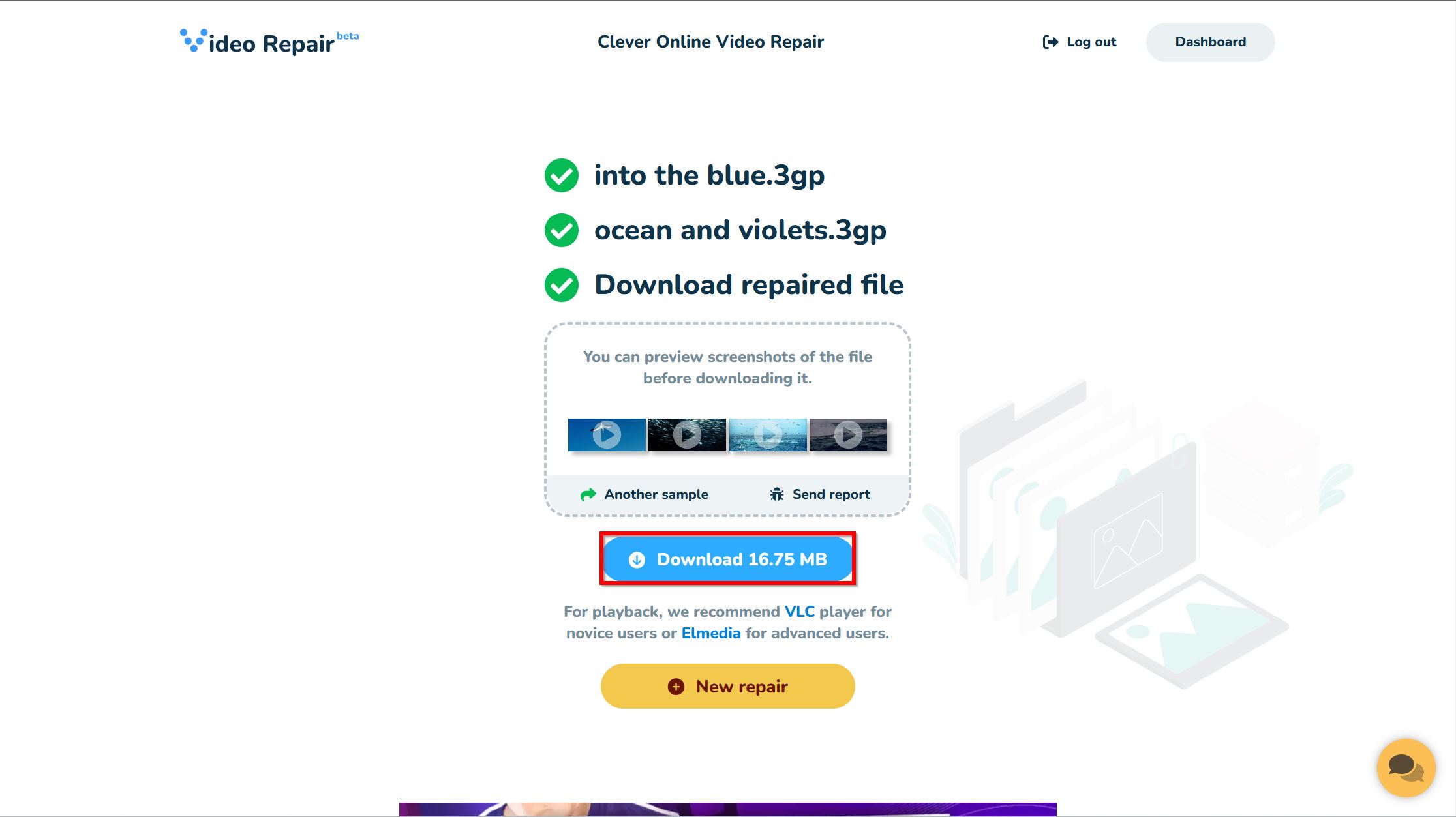 Download repaired video in Clever Online Video Repair.