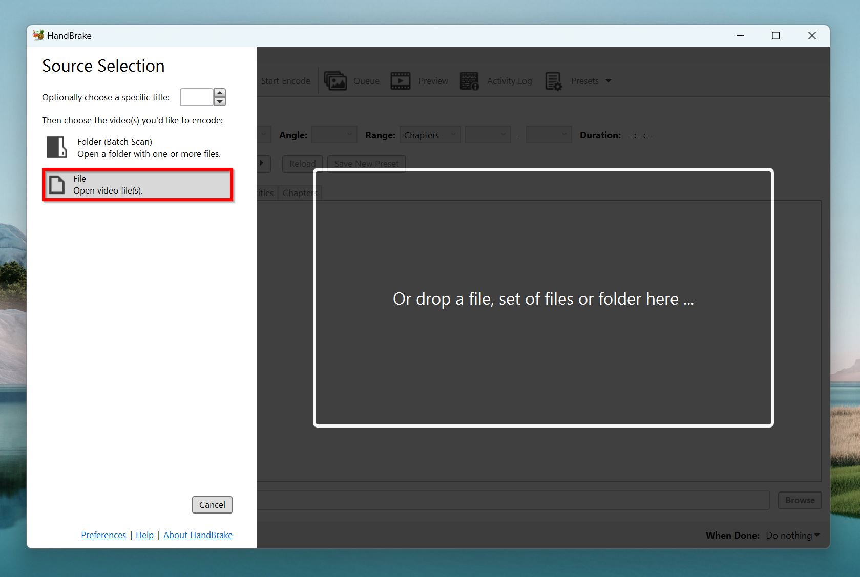 Select file option in HandBrake.