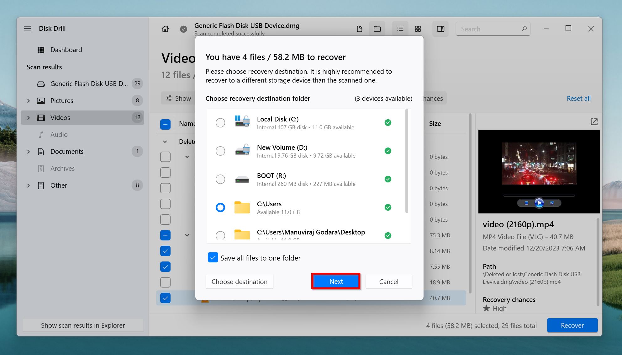 Recovery destination prompt in Disk Drill.