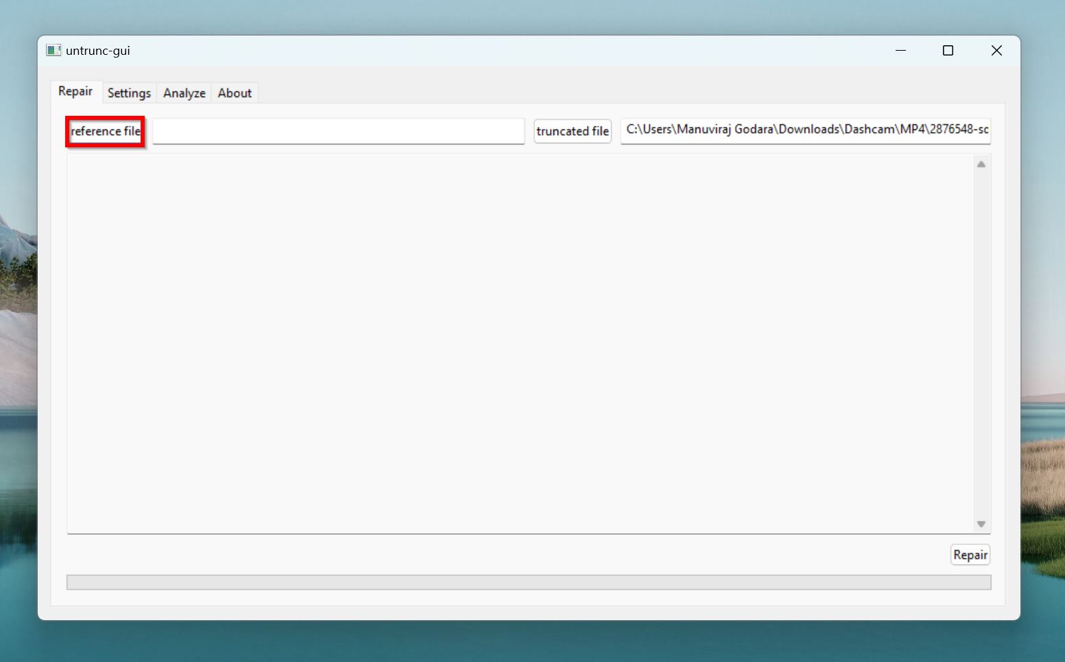 Reference file option in Untrunc GUI.