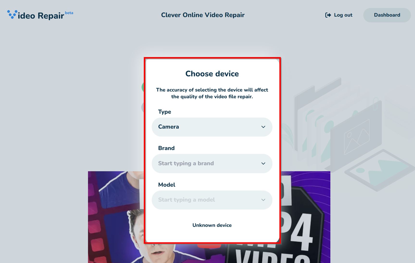 Select device window in Choose corrupt video option in Clever Online Video Repair.