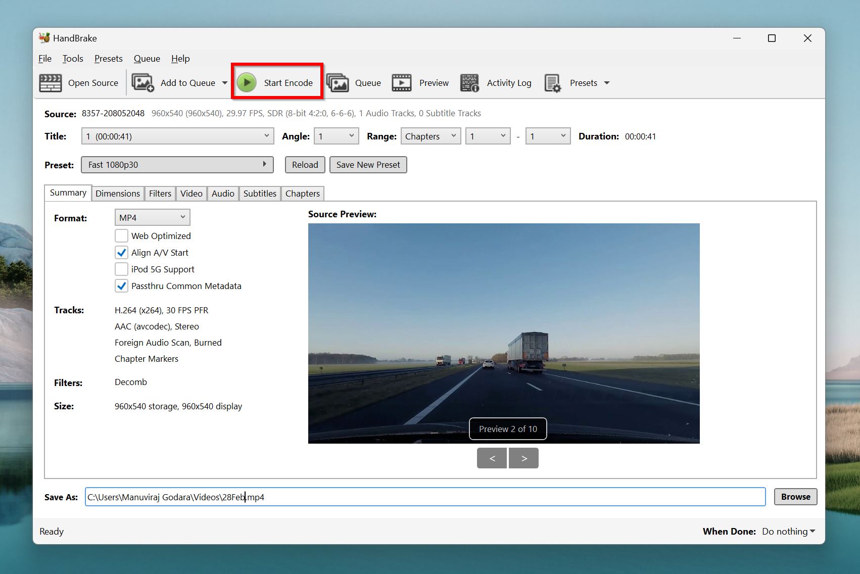 Start Encode button in HandBrake.