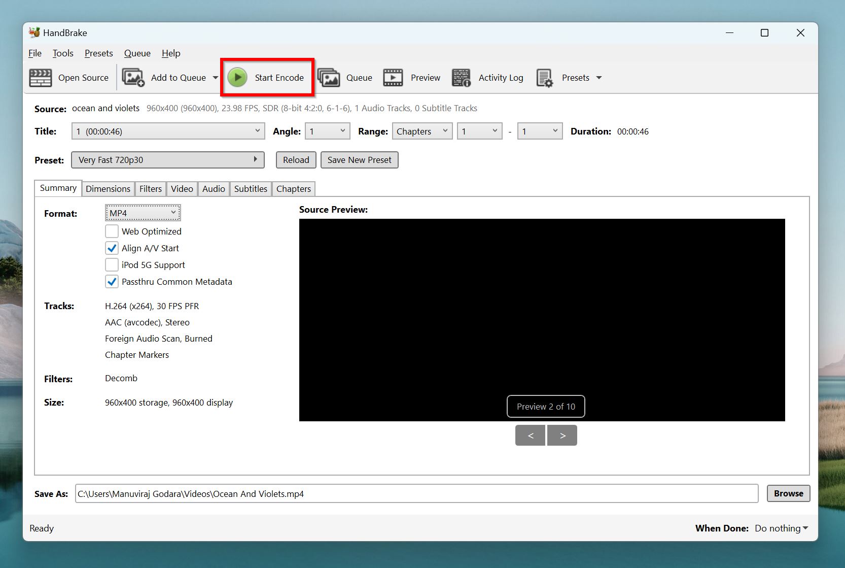 Start Encode option in HandBrake.