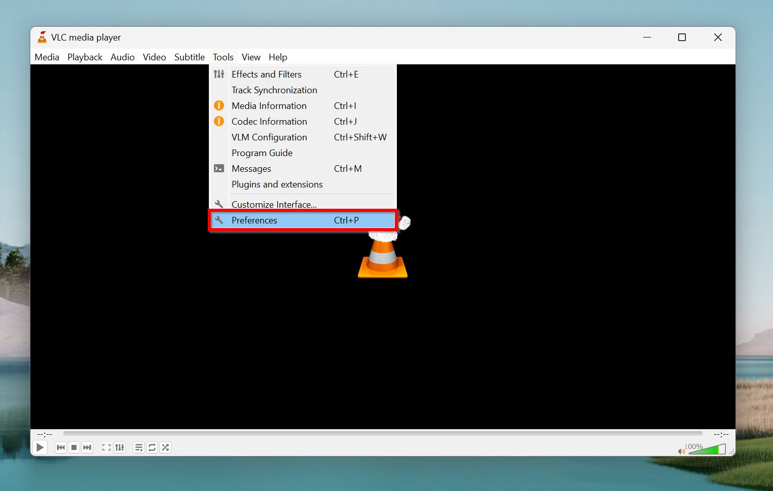 Preferences option in VLC.