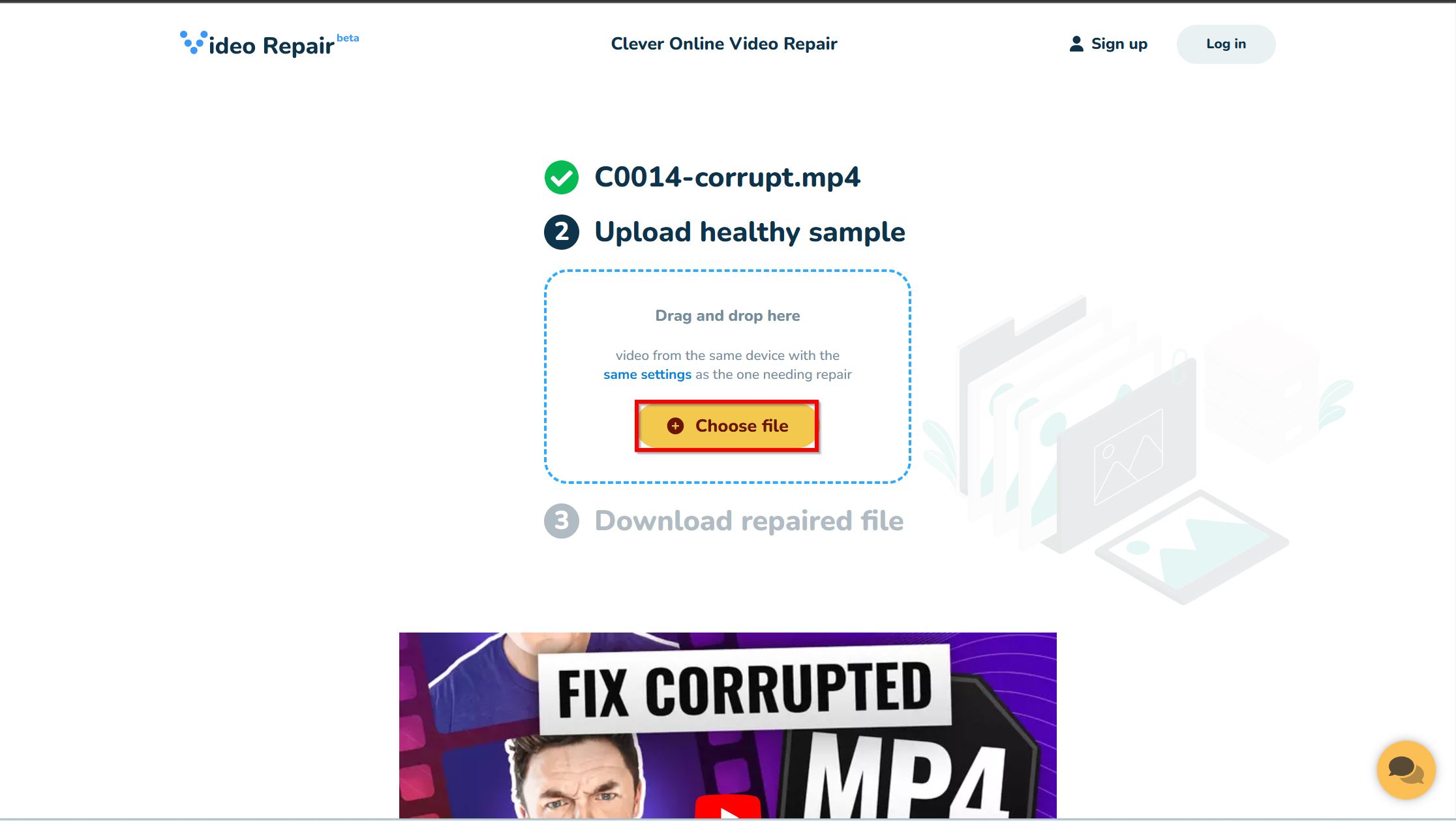 Upload healthy sample video in Clever Online Video Repair.