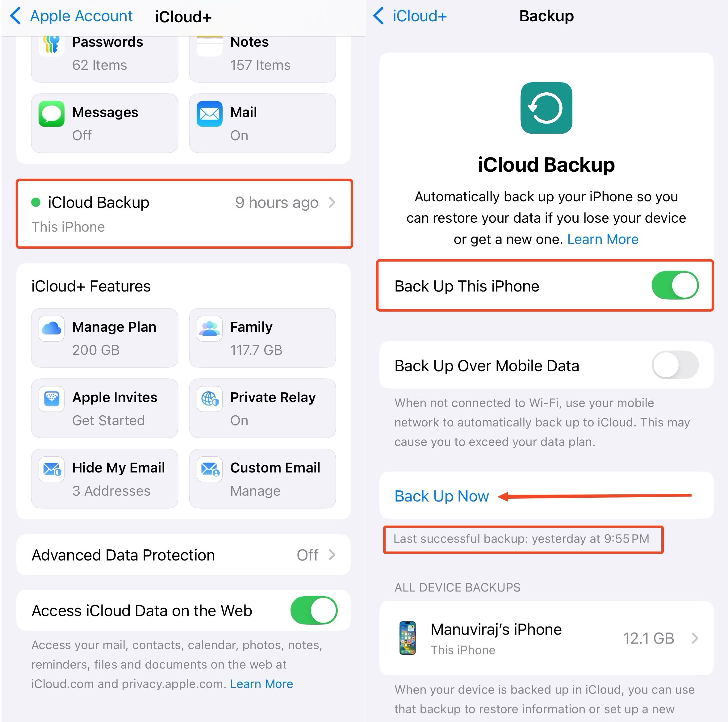 iCloud Backup screen in iPhone.