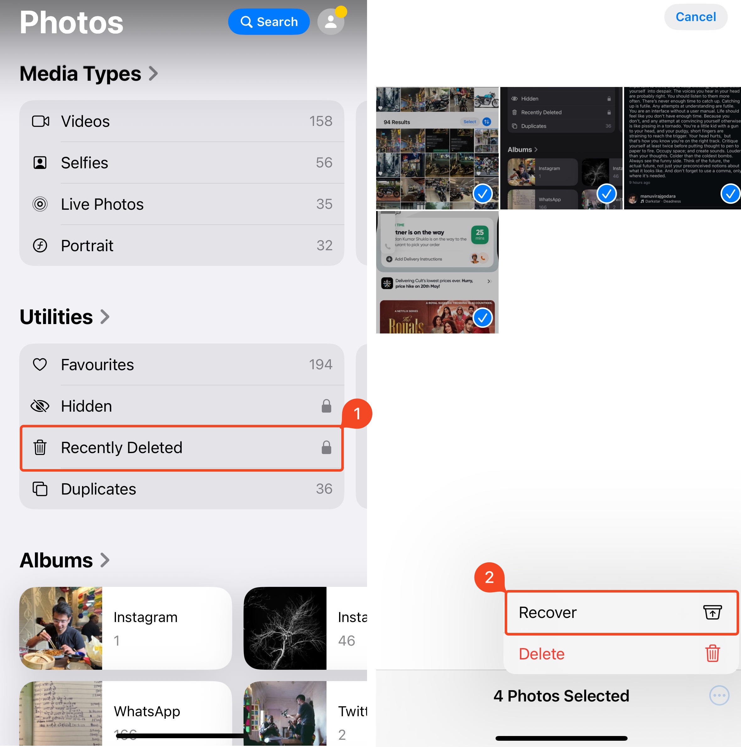 Recently deleted folder in an iPhone.