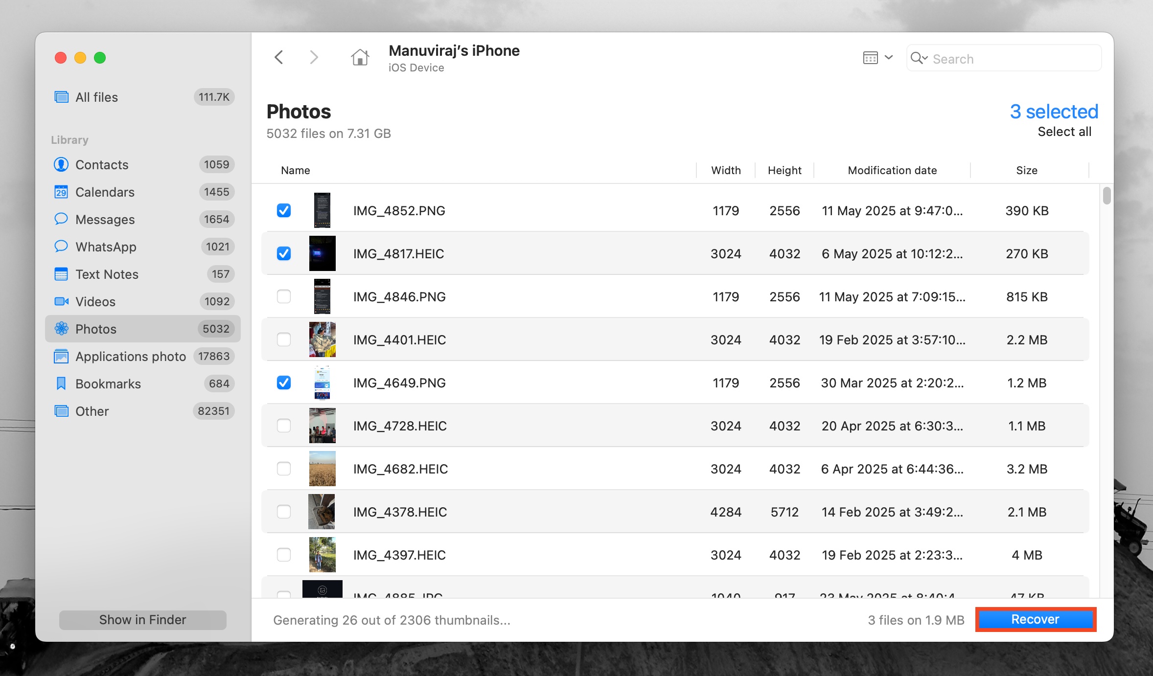 List of recoverable iOS photos in Disk Drill.