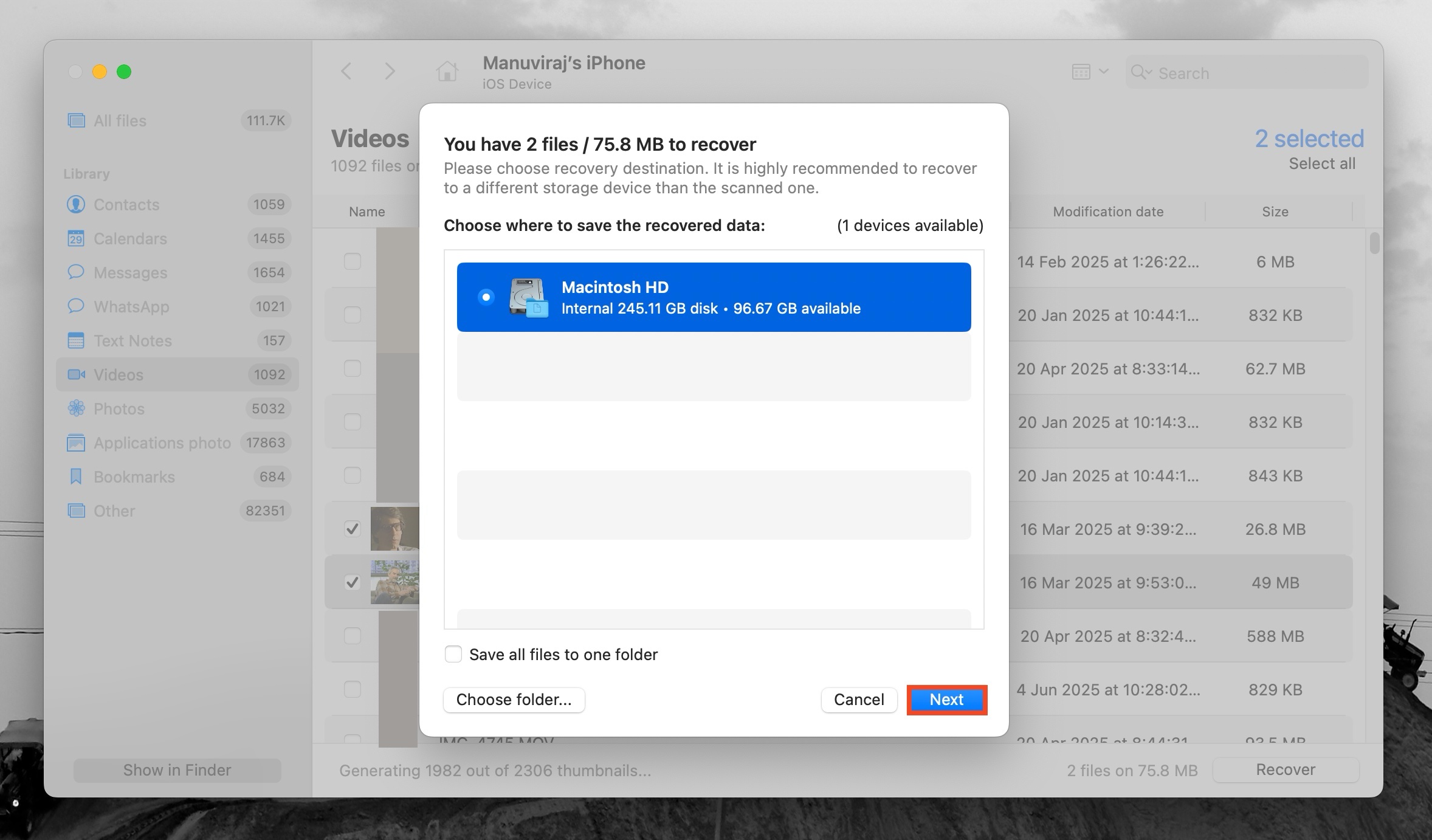 Recovery destination prompt in Disk Drill.