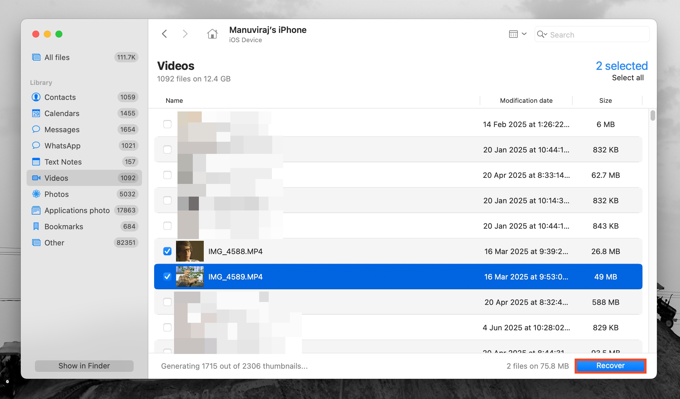 List of recoverable videos in Disk Drill.