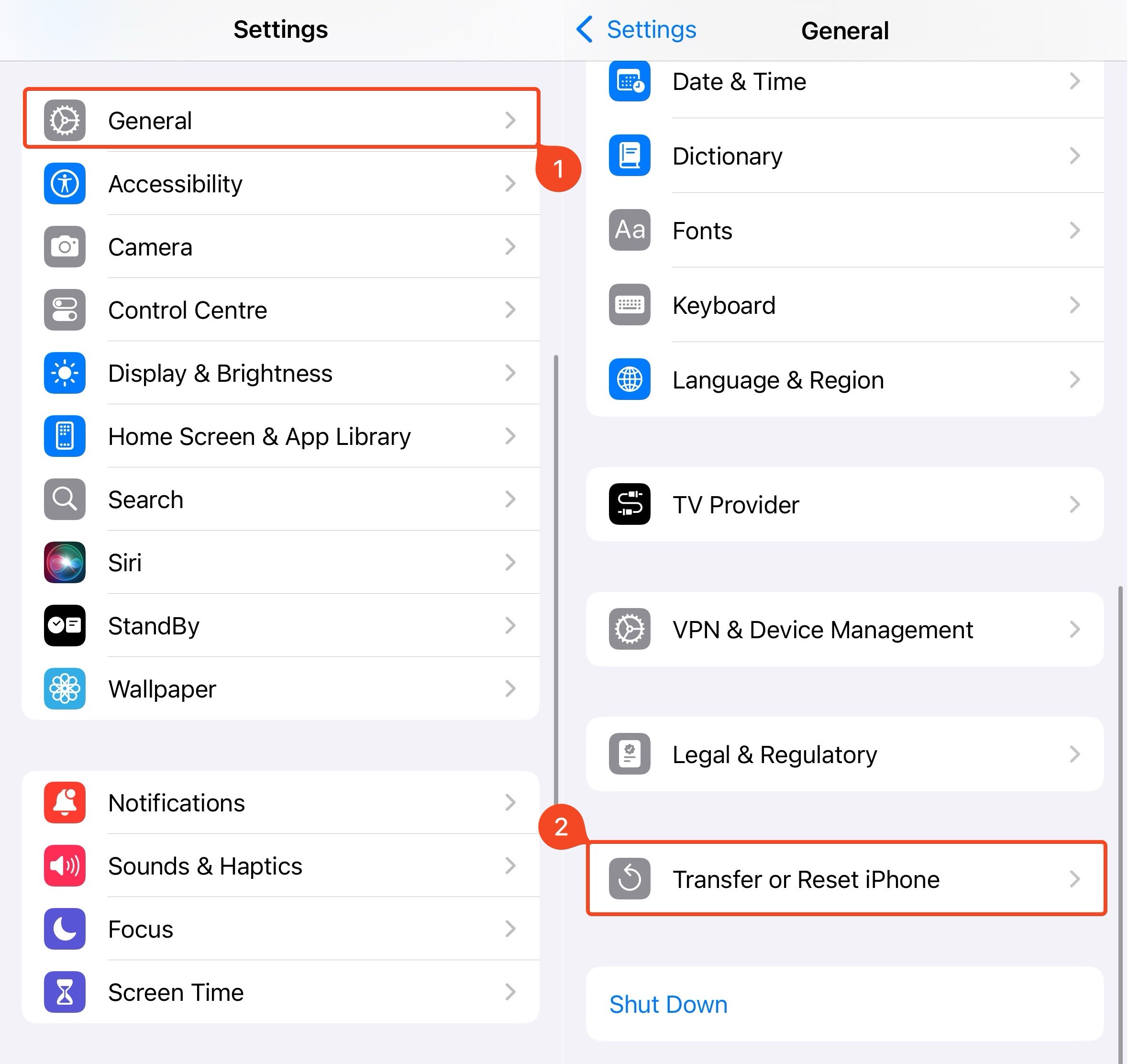 General, and Transfer And Reset options in iPhone. 