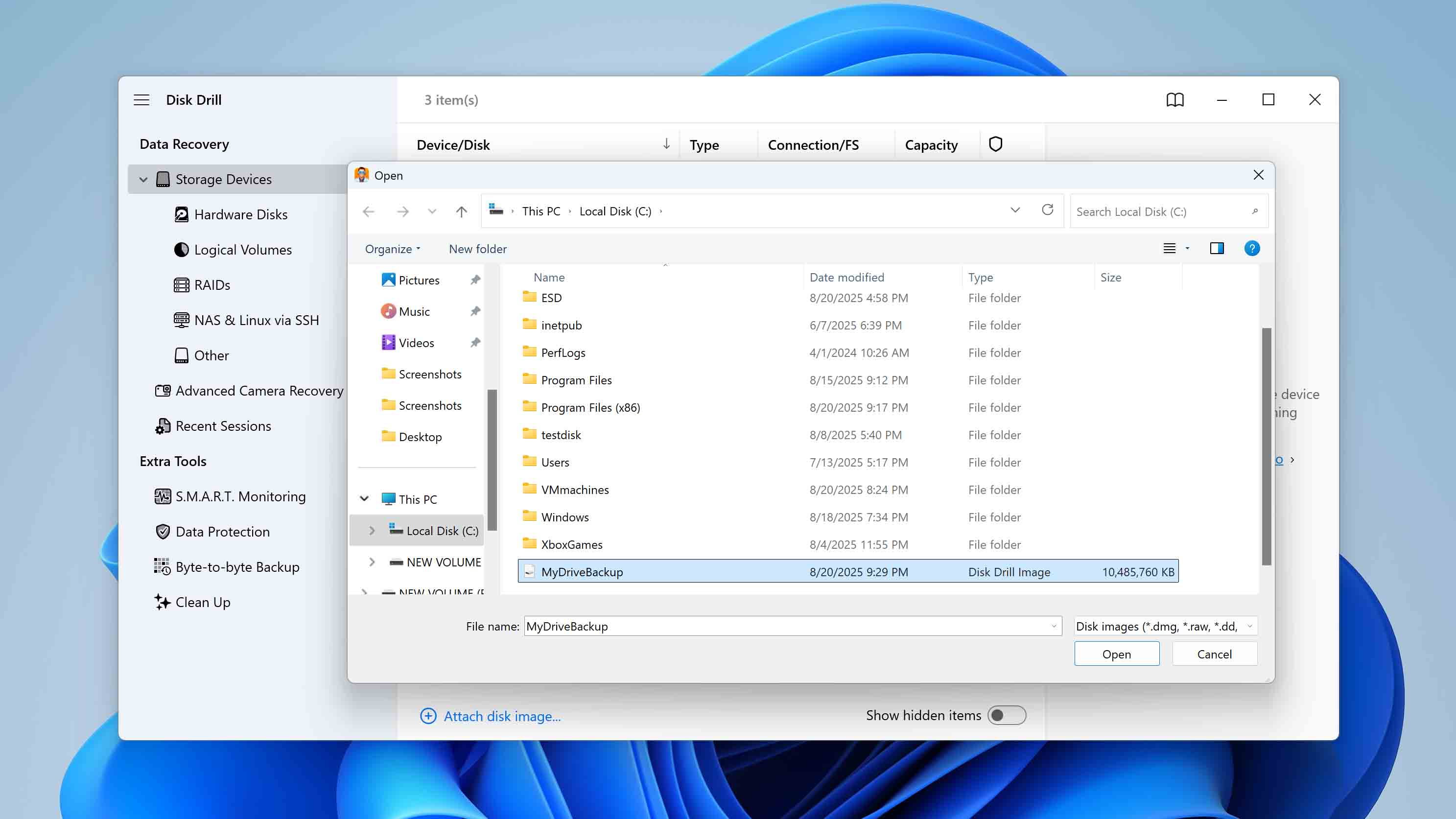 attach disk image in disk drill