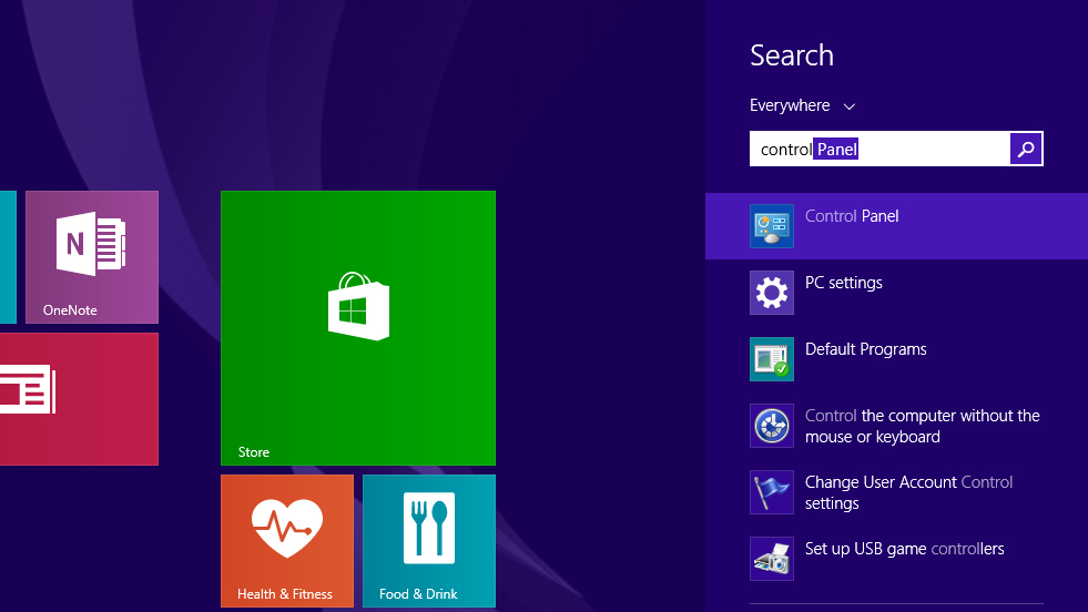 search control panel on windows 8