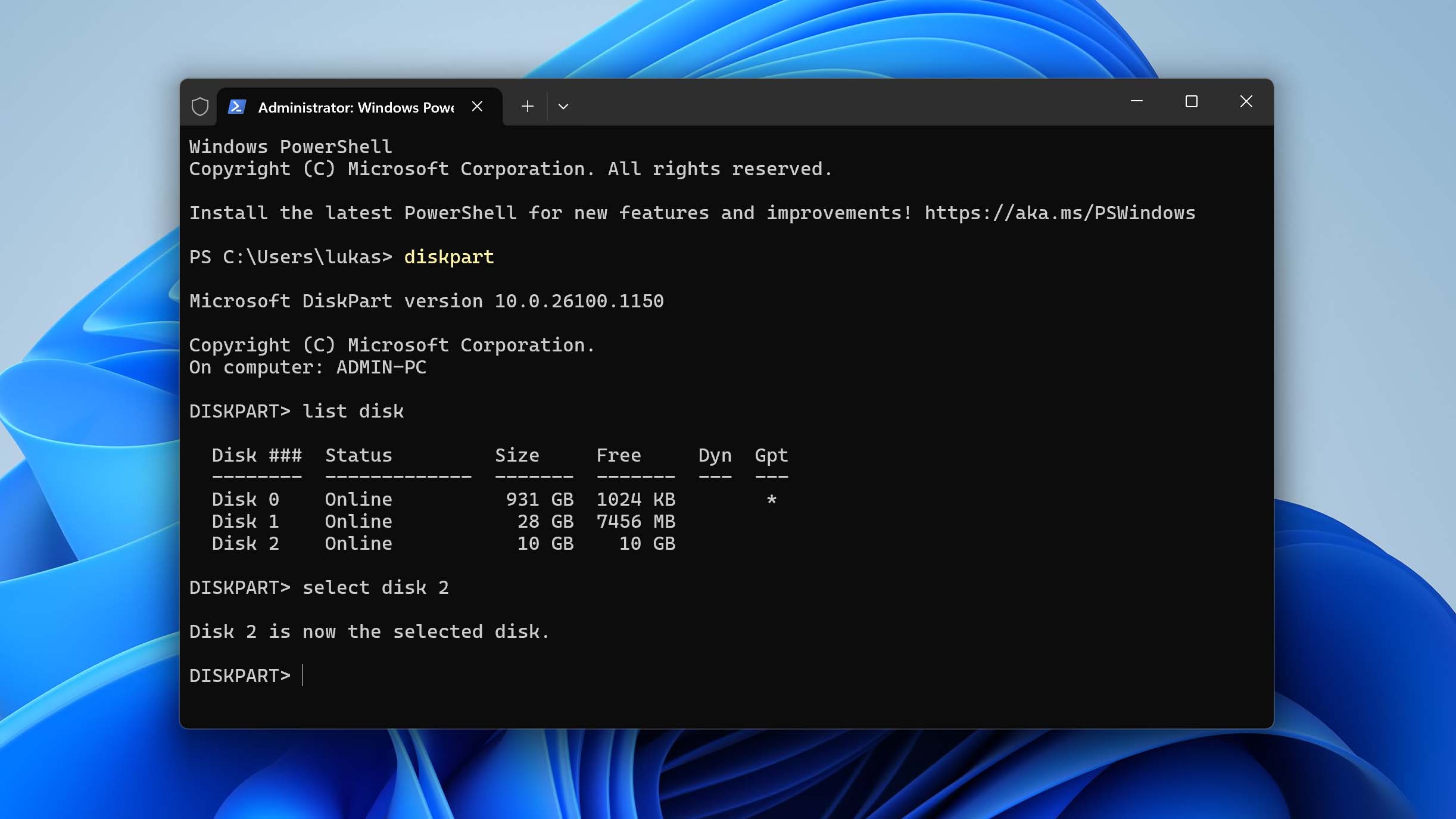 select disk for initialization in diskpart
