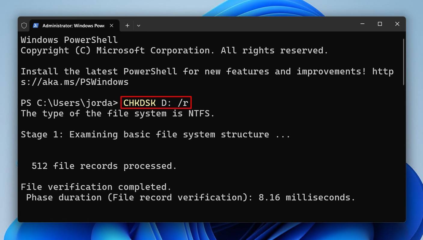 Running the CHKDSK command.