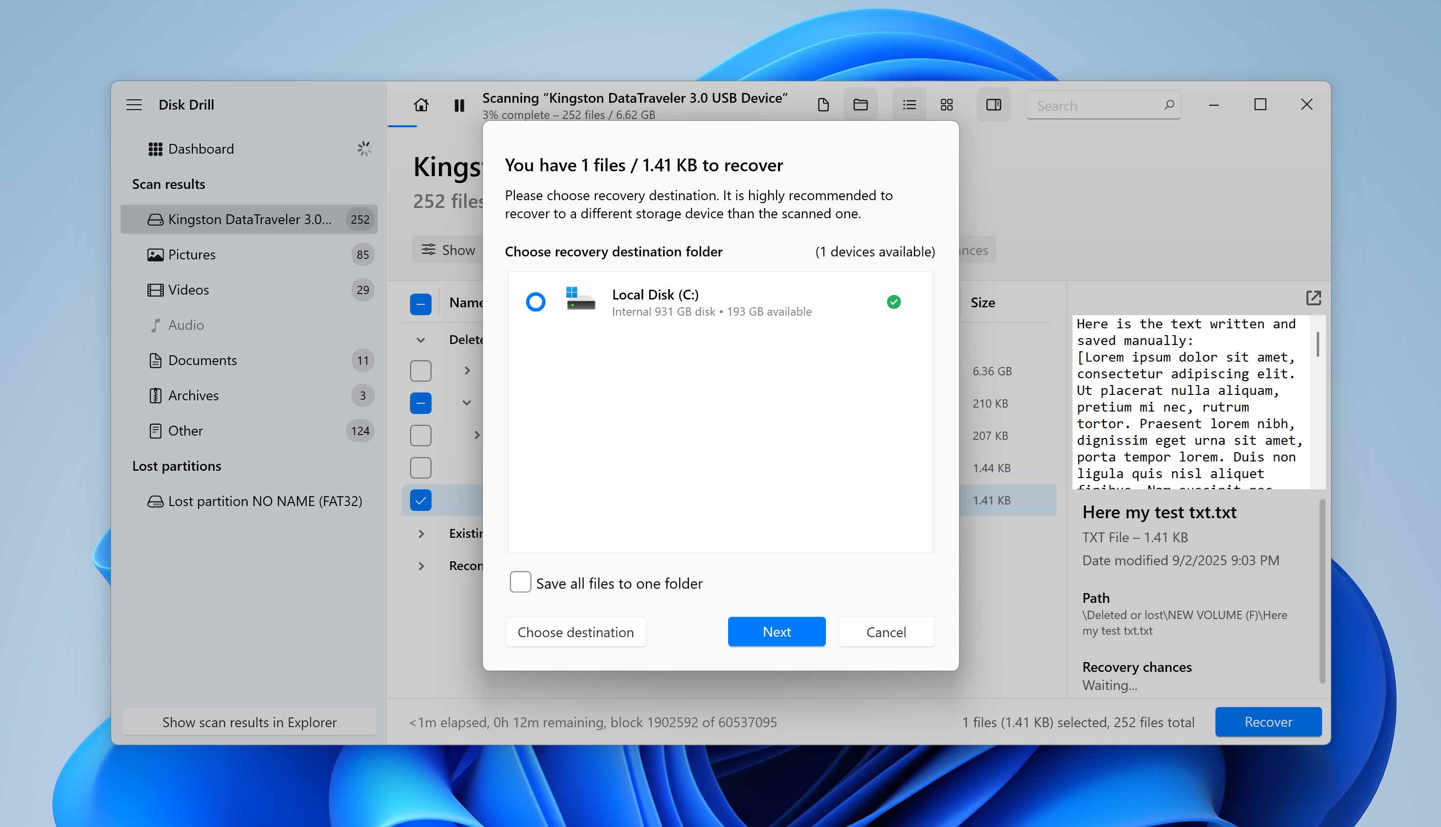 choose recovery location for files