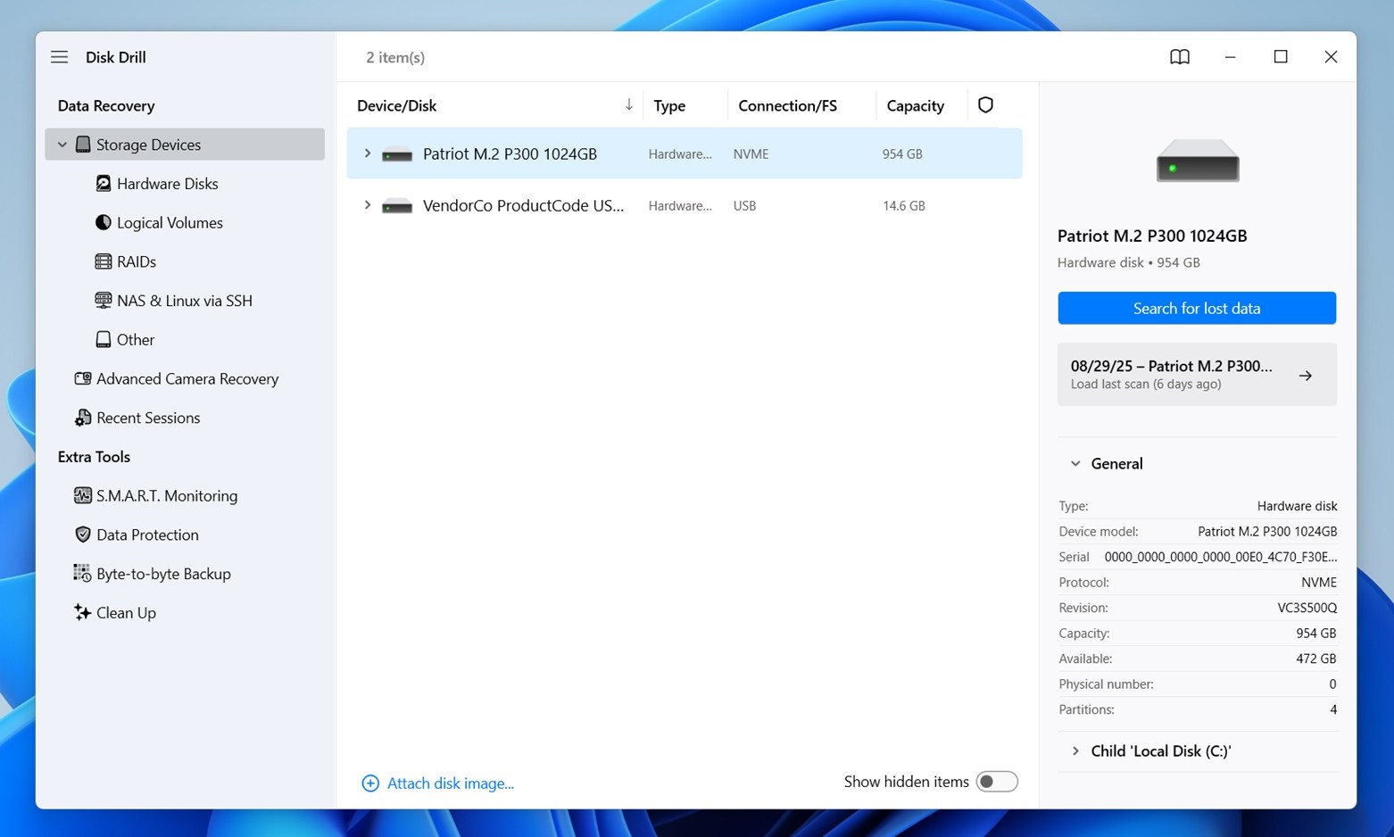 Select the drive that contained the Notepad file