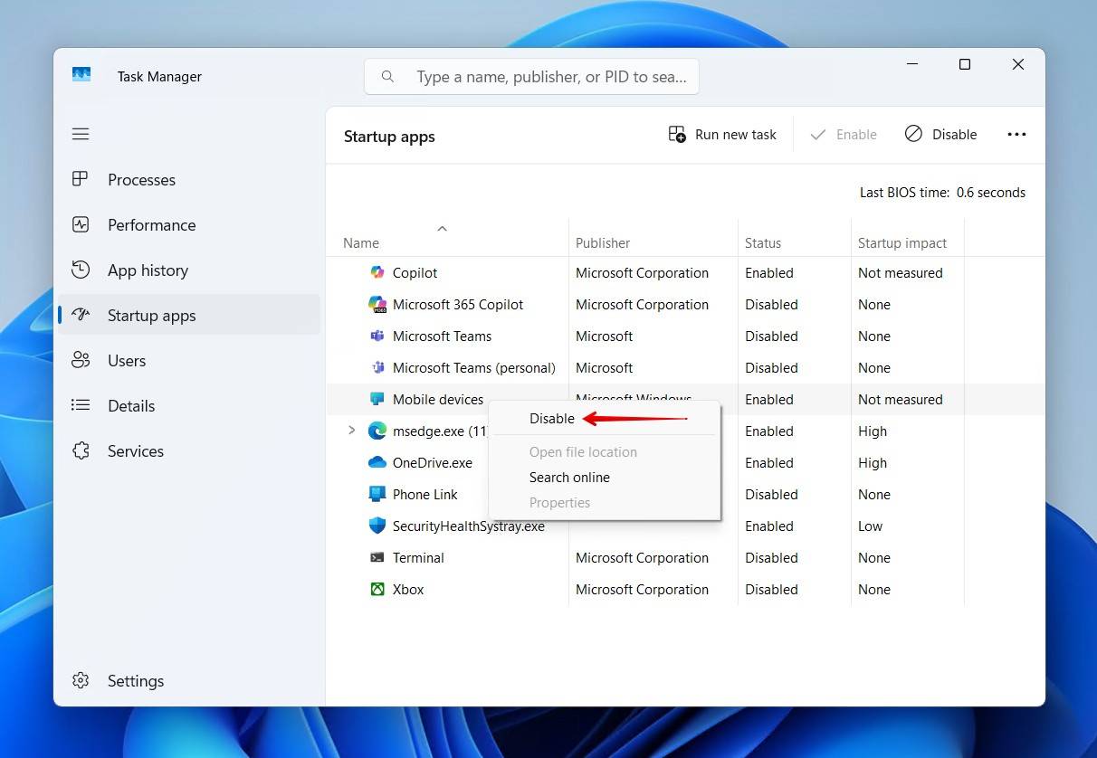 Disabling a startup app.