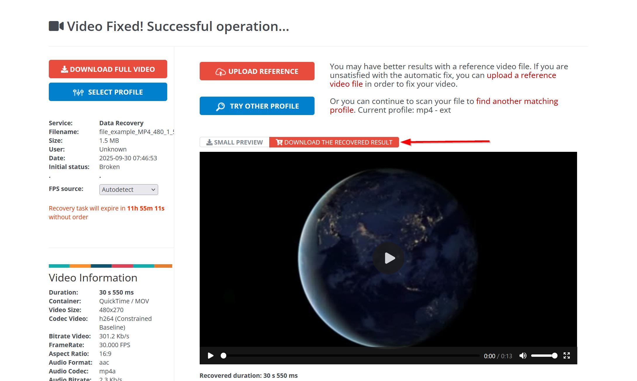 Download repaired video option in Fix.Video.