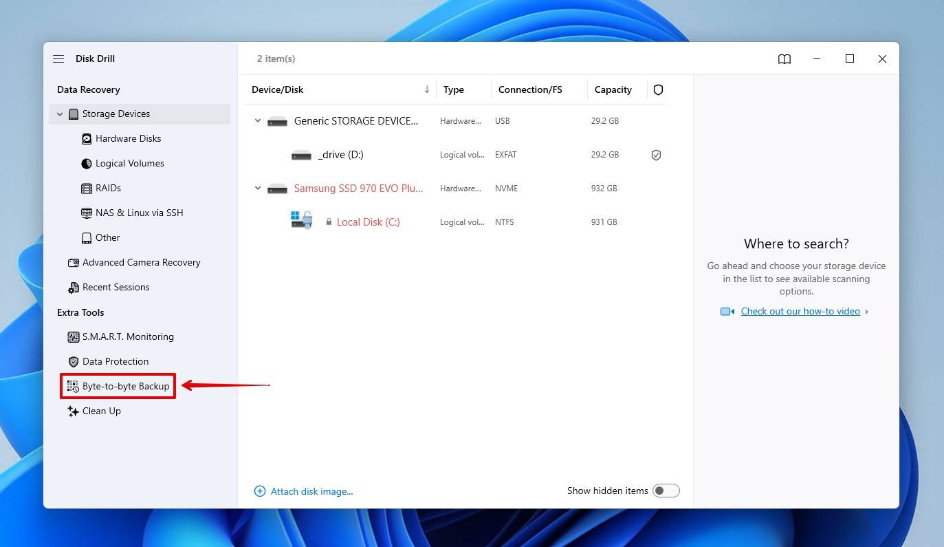 Accessing the drive backup feature.