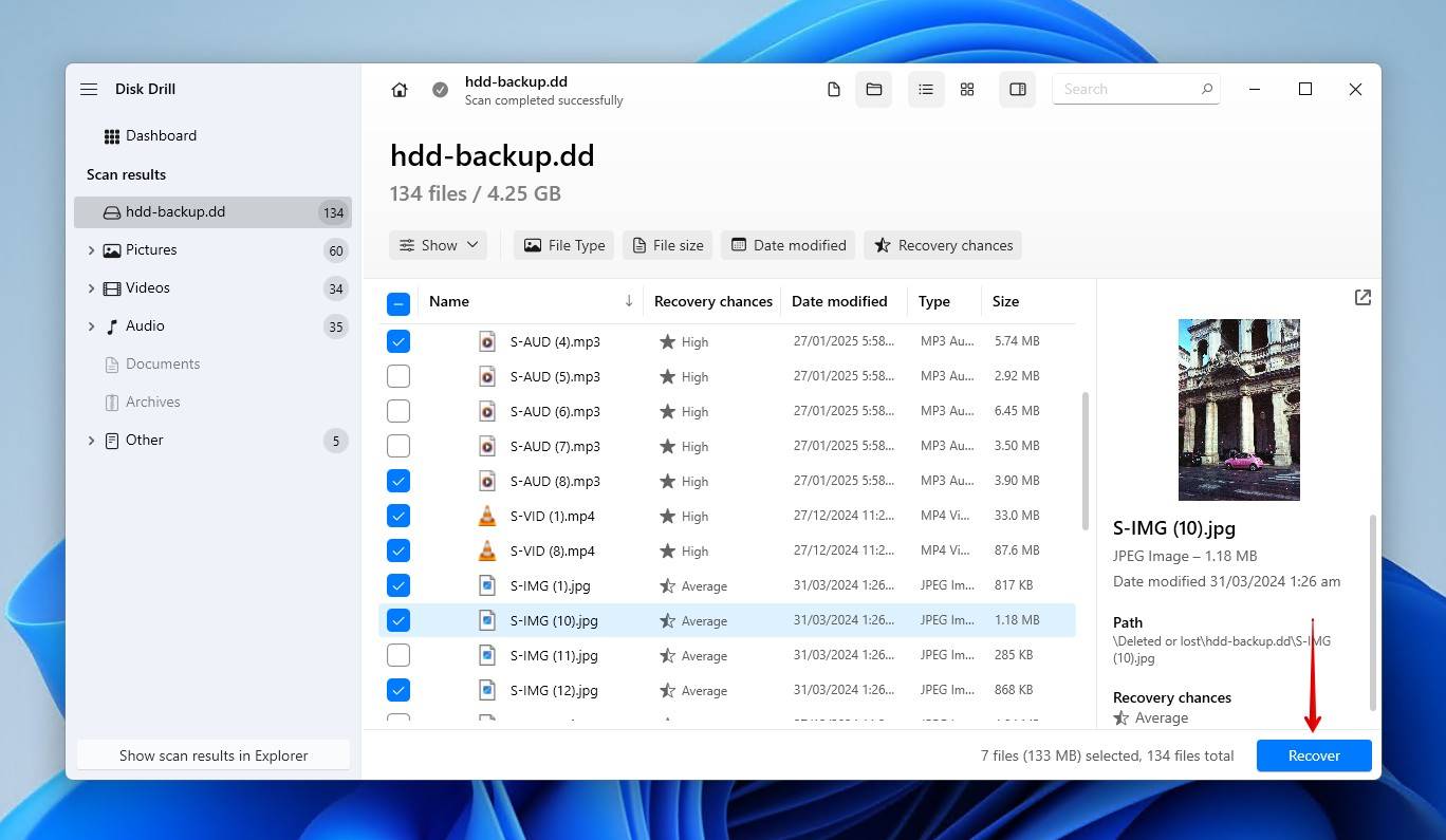 Recovering the selected files.