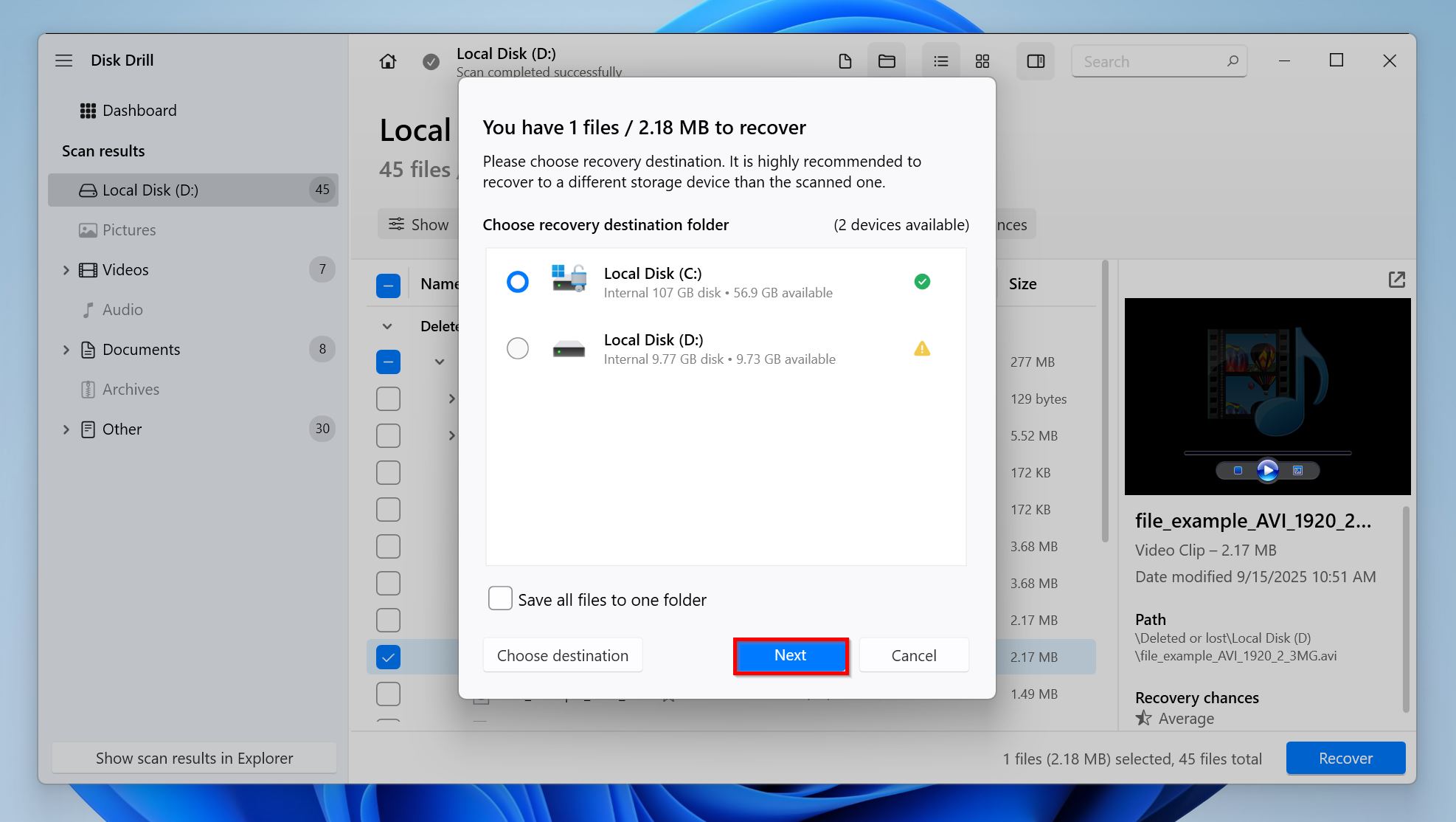 Recovery destination prompt screen in Disk Drill.