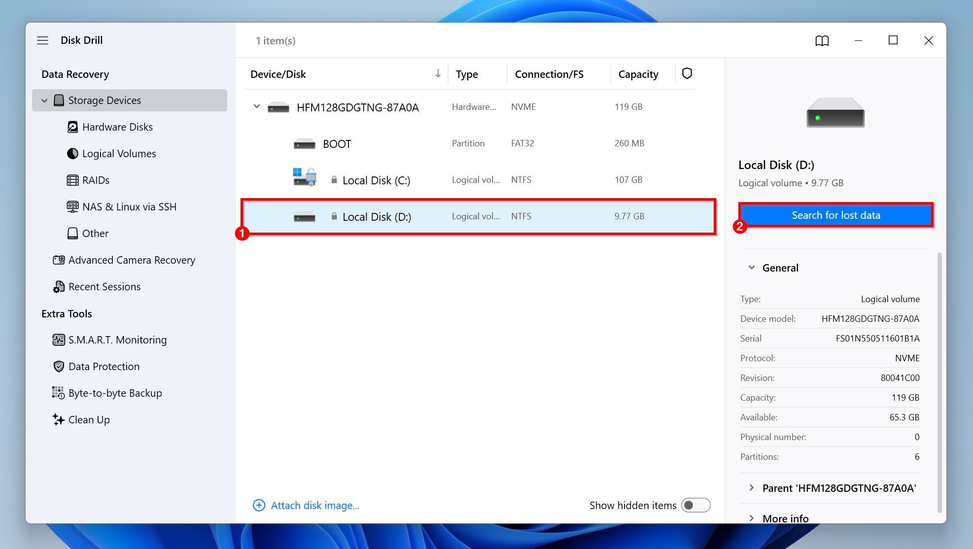 Search for lost data screen in Disk Drill.