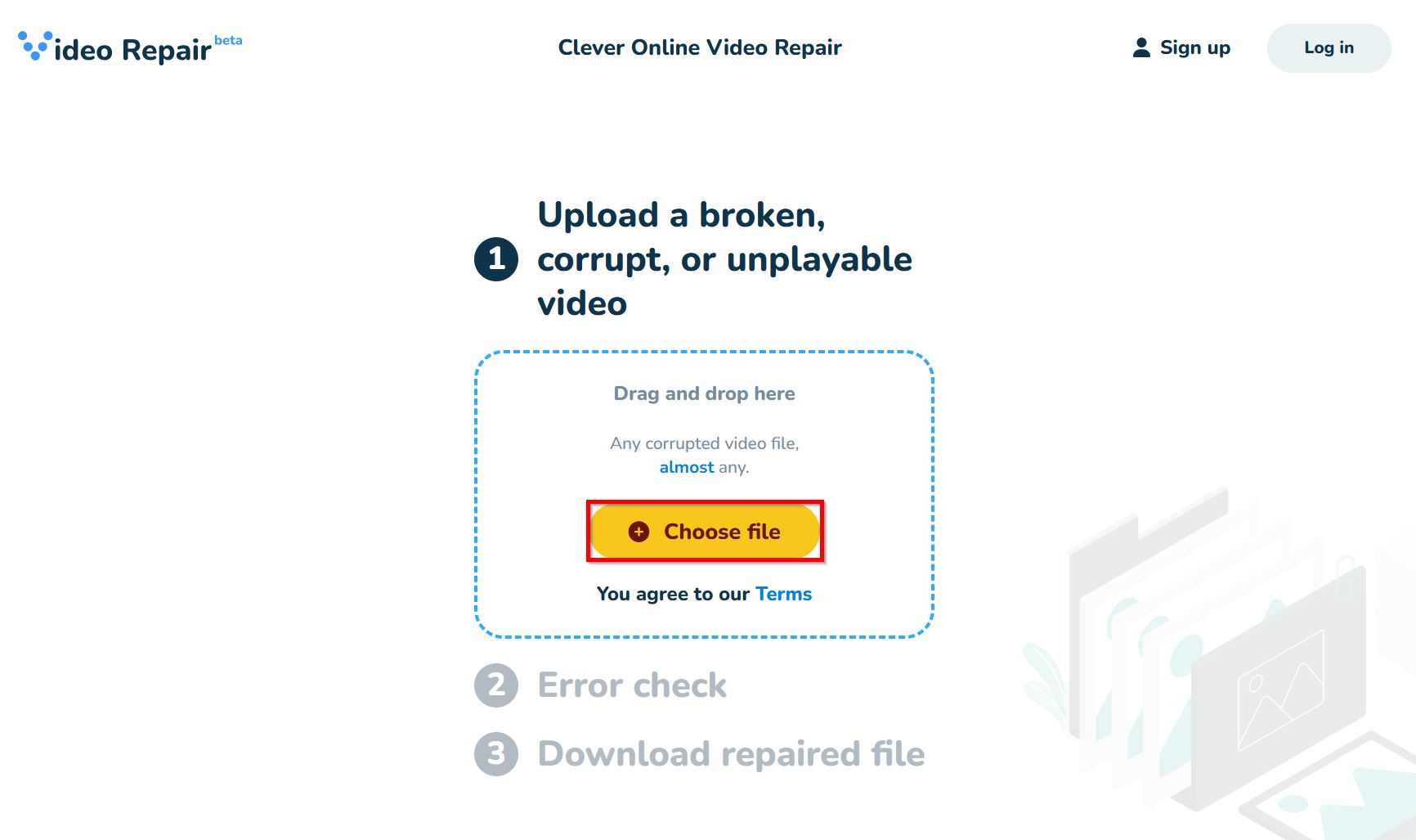 Upload corrupt video file option in Clever Online Video Repair.