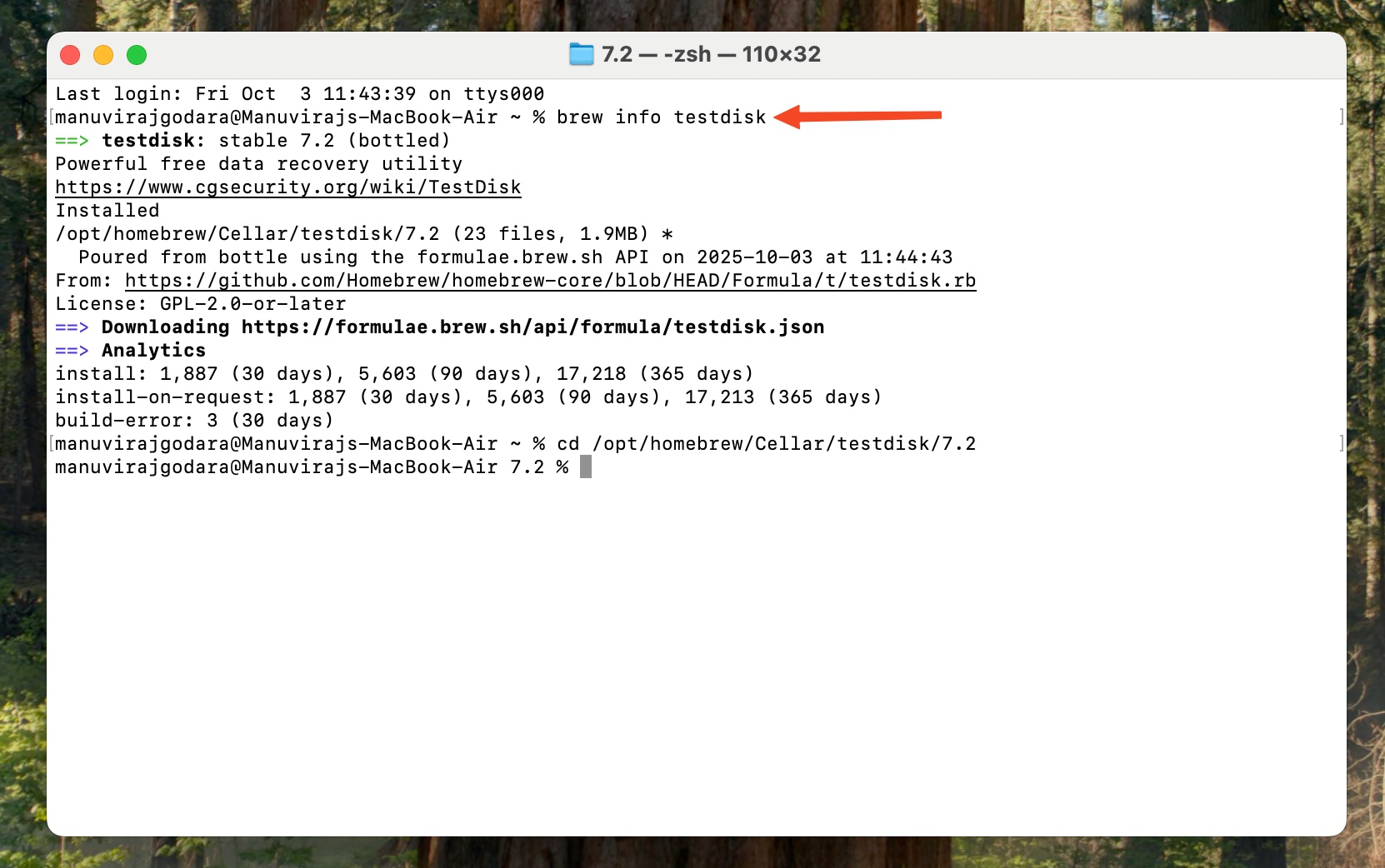 Brew info command in Terminal.
