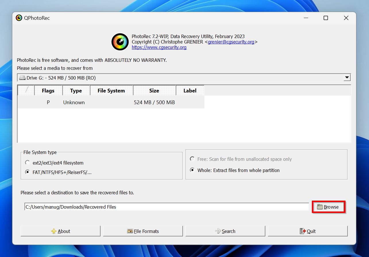 Browse option for the recovery destination in PhotoRec.