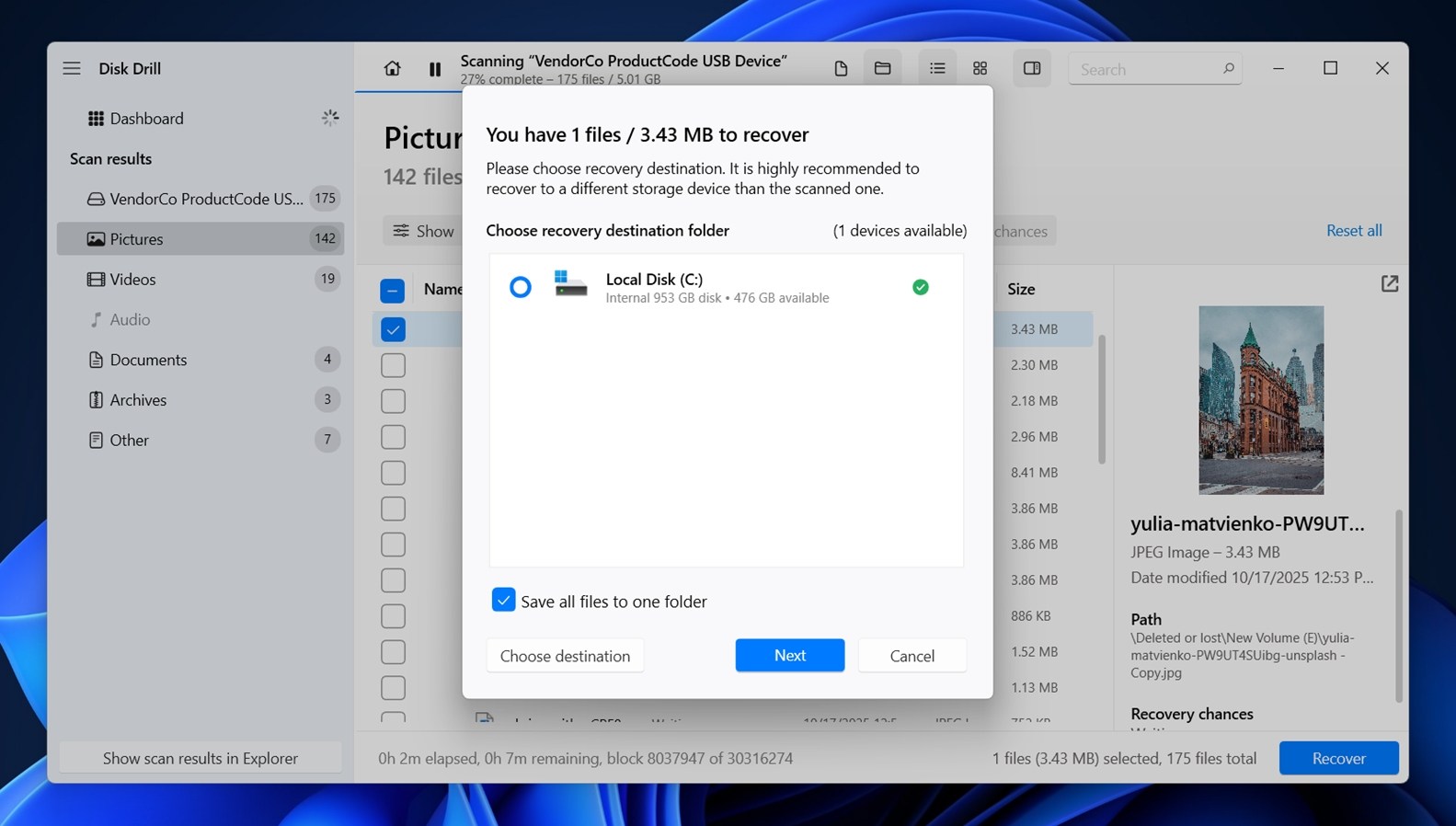 Choose where to save the recovered files