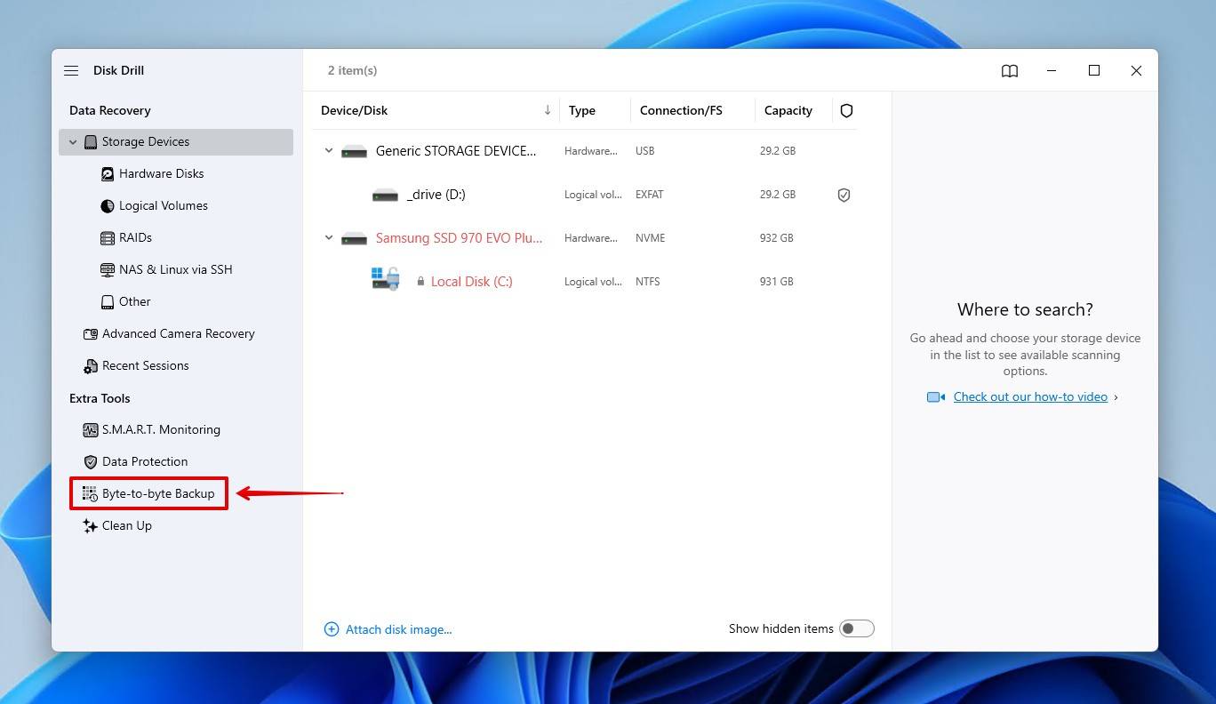 The byte-to-byte backup drive feature.