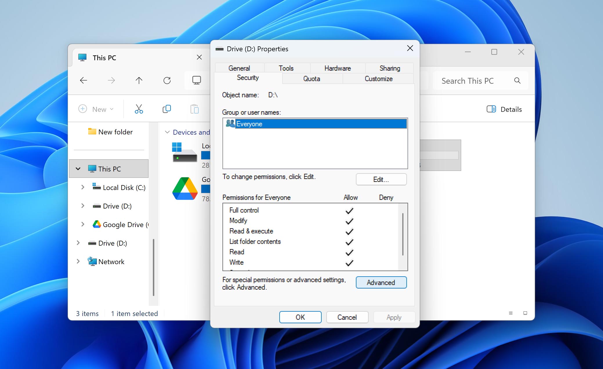 open security tab in drive properties