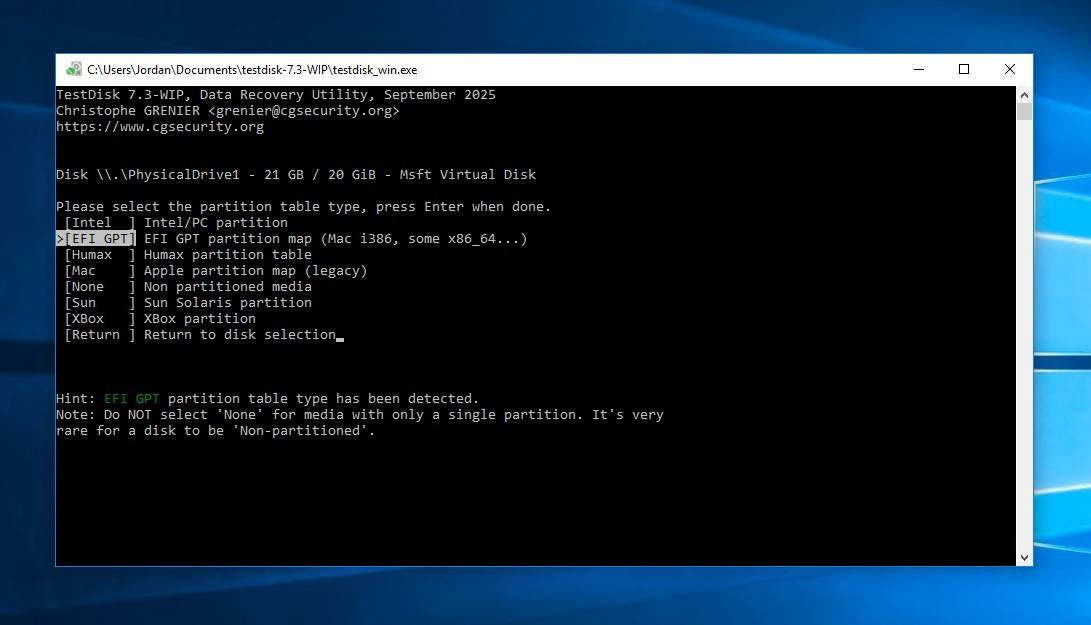 Choosing a partition table type.