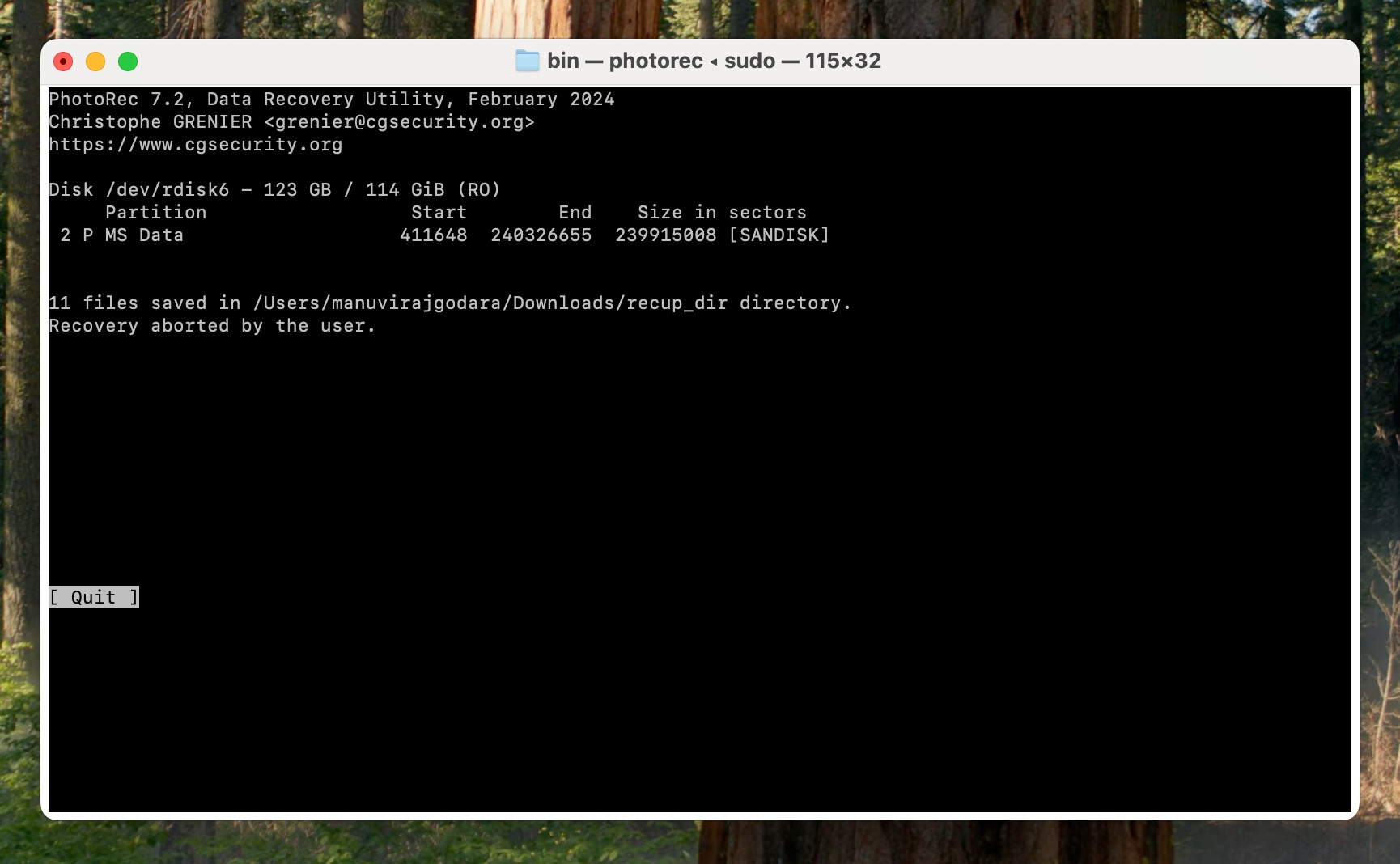Recovery complete screen in PhotoRec.