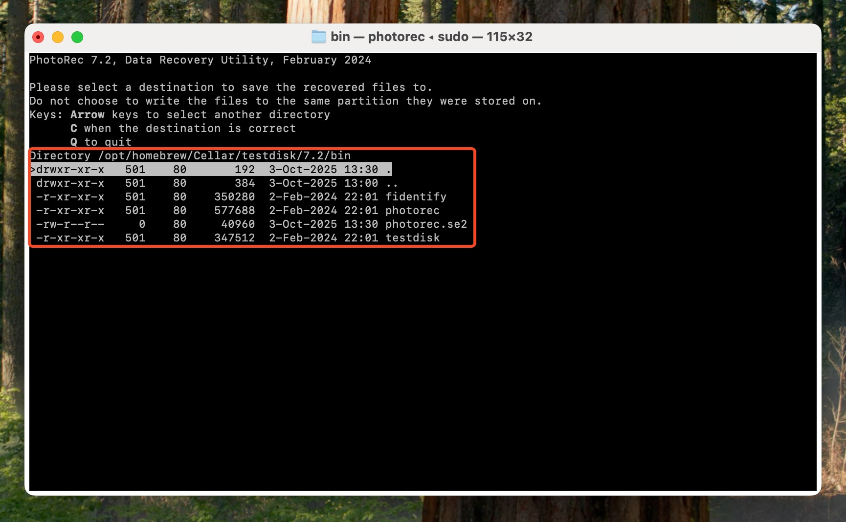Recovery destination selection in PhotoRec.