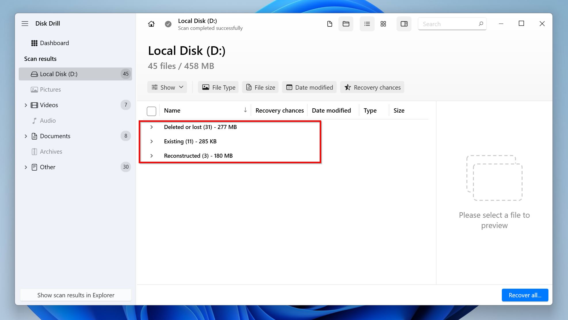 Data recovery sections in Disk Drill.